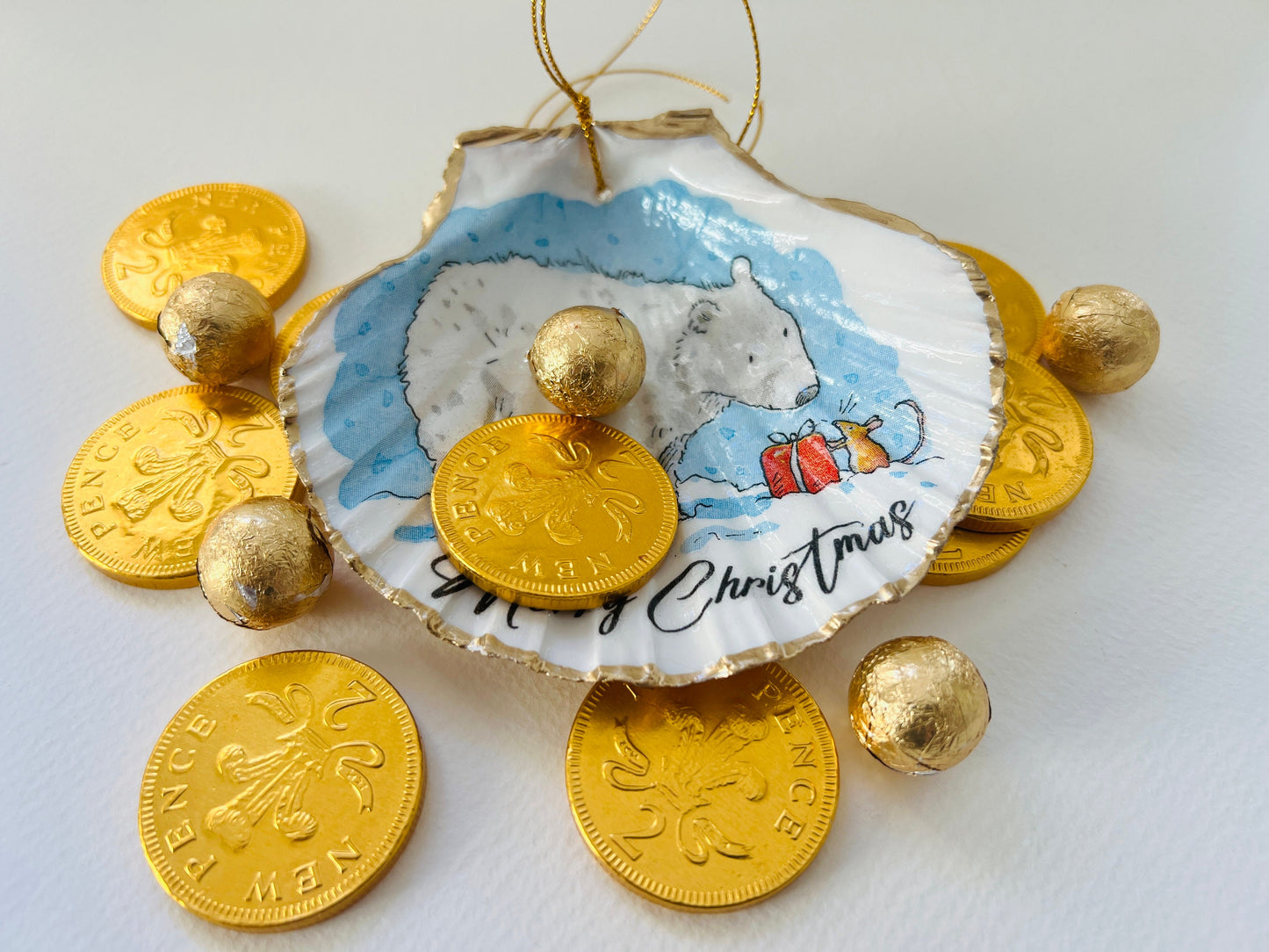 Christmas Bear Ornament: Dorset Shell Trinket Dish, Hanging Decoration