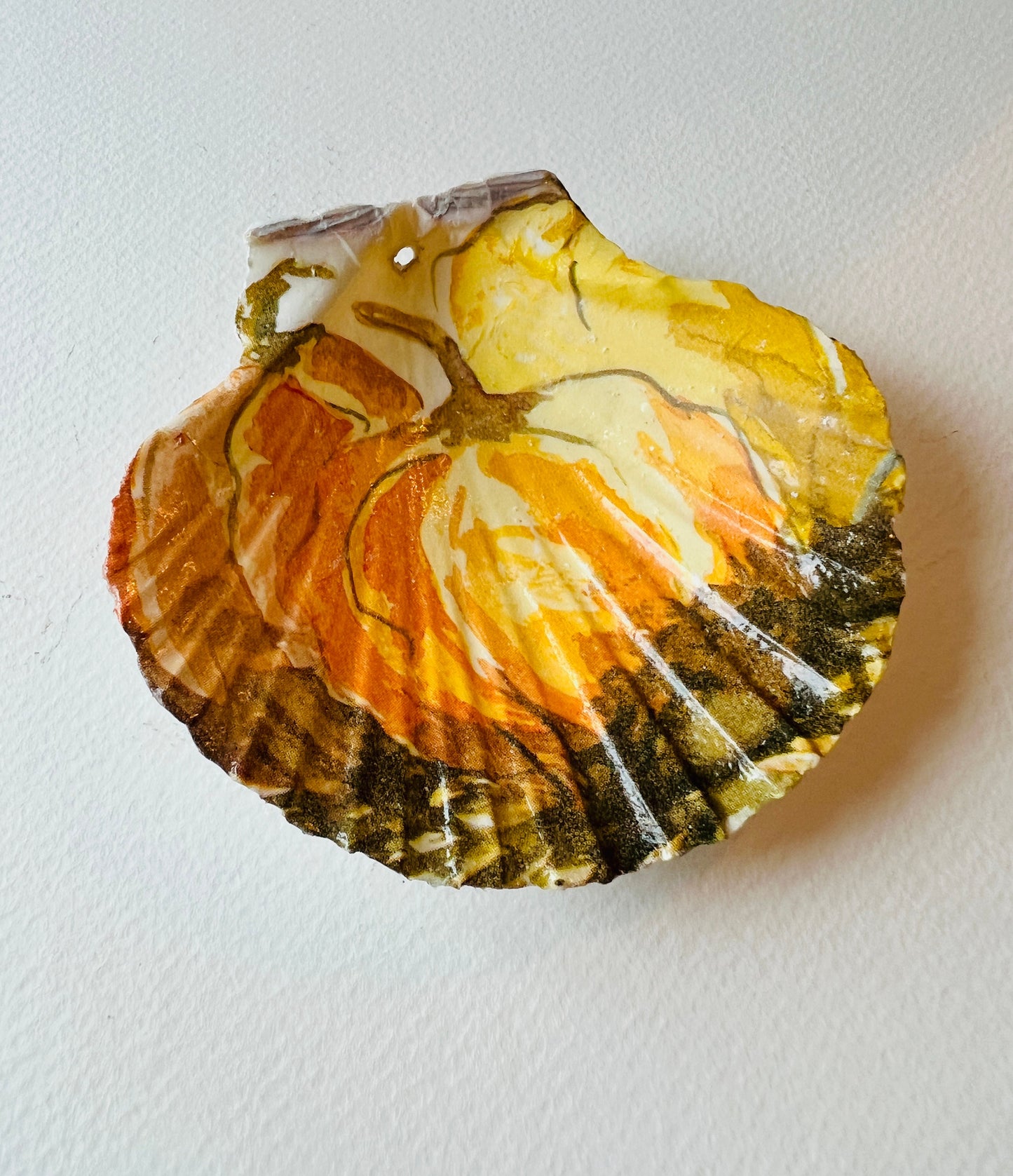 Pumpkin Halloween scallop shell ring dish, handmade Dorset scallop ring holder, jewellery trinket dish, autumn coastal décor, gothic pumpkin ornament, eco-friendly scallop shell bowl, gold leaf gilded shell, Halloween gift idea, seasonal table decoration, unique handmade scallop ornament, sustainable shell art, fall home accessory, spooky candy dish, rustic coastal pumpkin décor, artisan trinket holder, scallop shell jewellery storage, handmade ring dish and candy bowl.