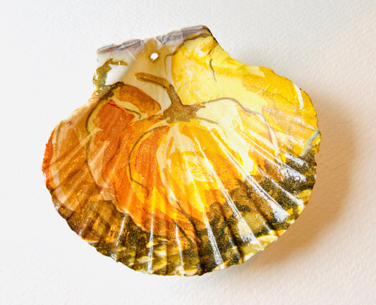 Pumpkin Halloween scallop shell ring dish, handmade Dorset scallop ring holder, jewellery trinket dish, autumn coastal décor, gothic pumpkin ornament, eco-friendly scallop shell bowl, gold leaf gilded shell, Halloween gift idea, seasonal table decoration, unique handmade scallop ornament, sustainable shell art, fall home accessory, spooky candy dish, rustic coastal pumpkin décor, artisan trinket holder, scallop shell jewellery storage, handmade ring dish and candy bowl.