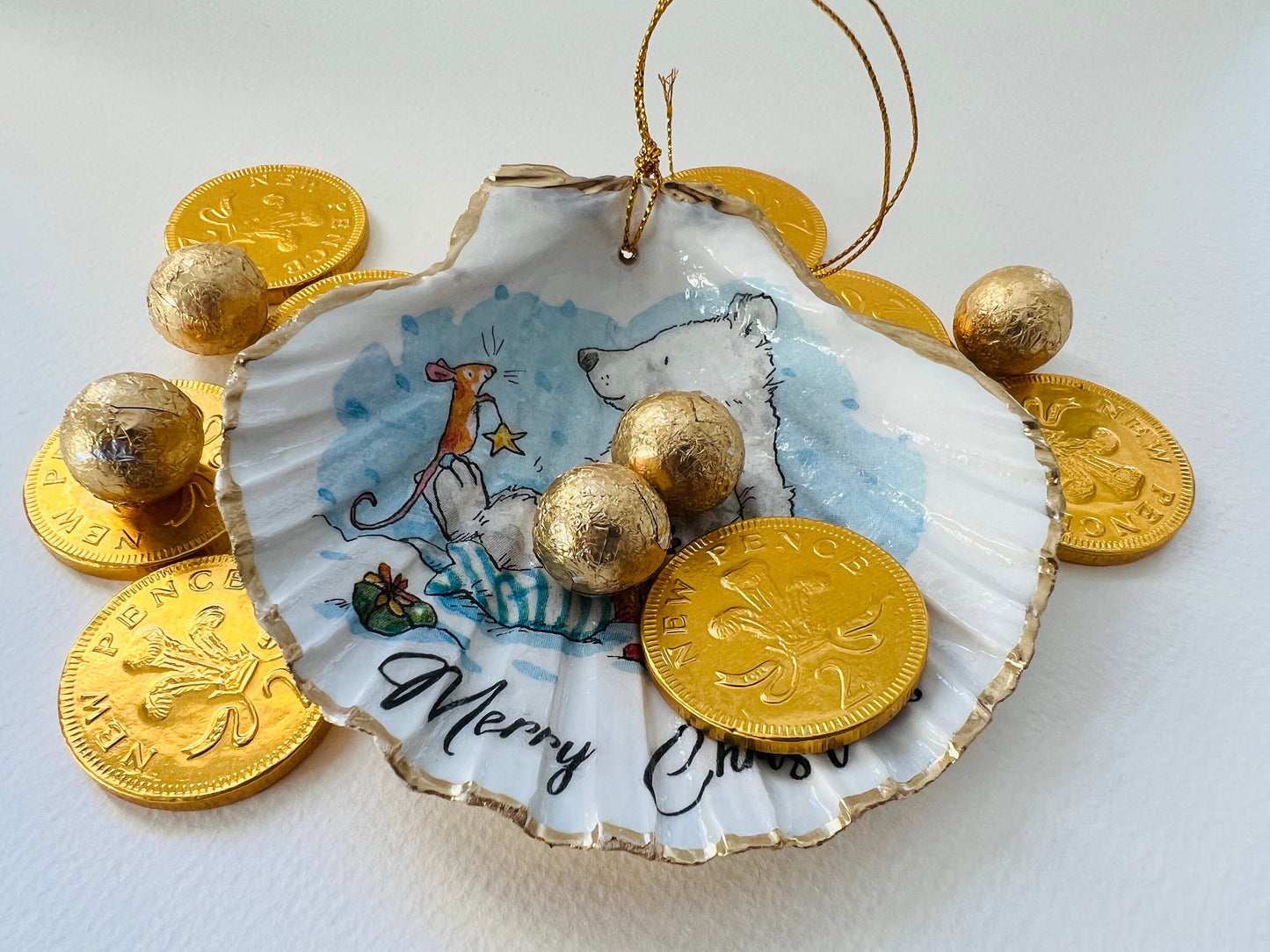 Gifts for her, Gift for him, Christmas hanging ornament, Christmas Tree Festive decoration, Festive decor,  scallop Ornament, Anniversary gift , Christmas Gift Ideas, Handmade Christmas decoration, decoupaged scallop shell, Uk Coastal shell decor,