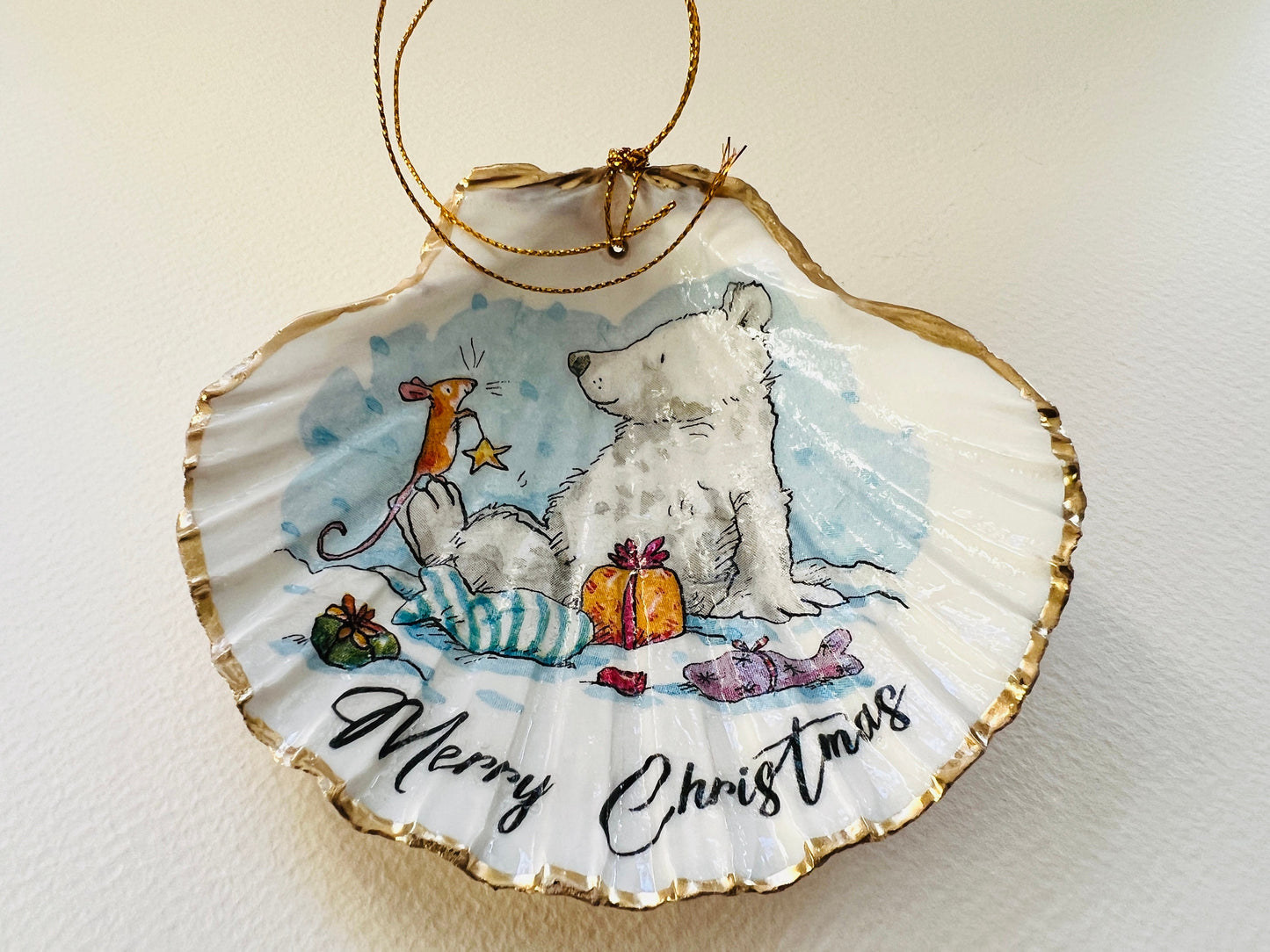 Gifts for her, Gift for him, Christmas hanging ornament, Christmas Tree Festive decoration, Festive decor,  scallop Ornament, Anniversary gift , Christmas Gift Ideas, Handmade Christmas decoration, decoupaged scallop shell,  Uk Coastal shell decor,