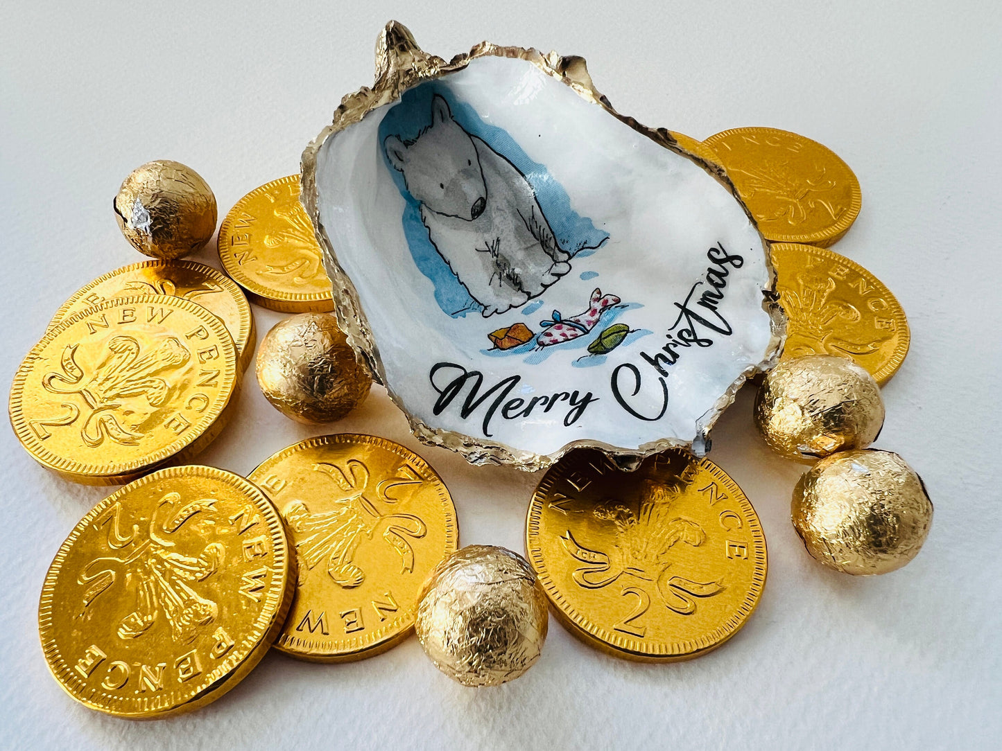 Gifts for her, Gift for him, Christmas hanging ornament, Christmas Tree Festive decoration, Festive decor,  oyster Ornament, Anniversary gift , Christmas Gift Ideas, Handmade Christmas decoration, decoupaged oyster shell,  Uk Coastal shell decor,