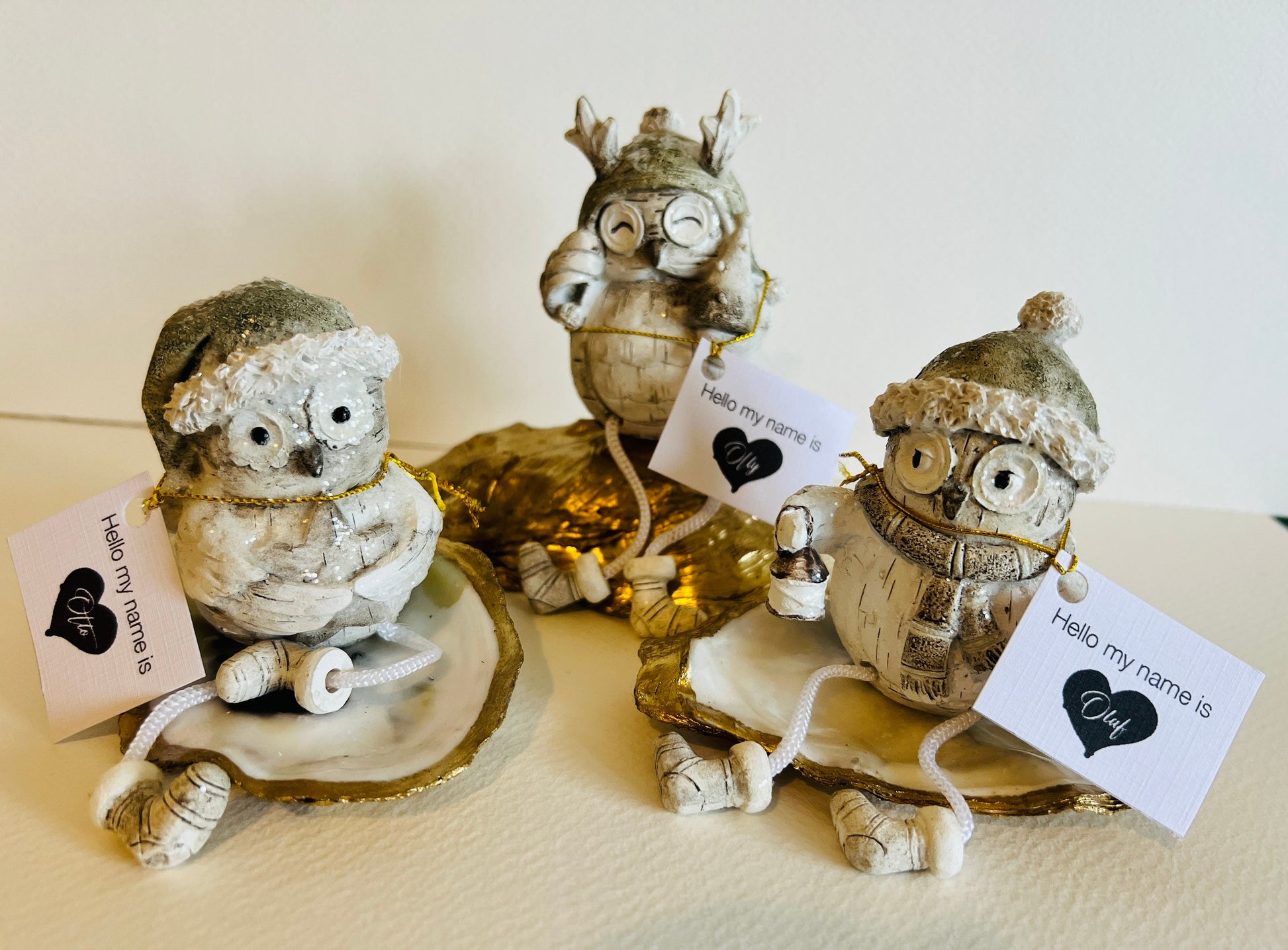 Set of 3 Christmas Owl Ornaments: Hand Finished Glittery Shelf Sitters