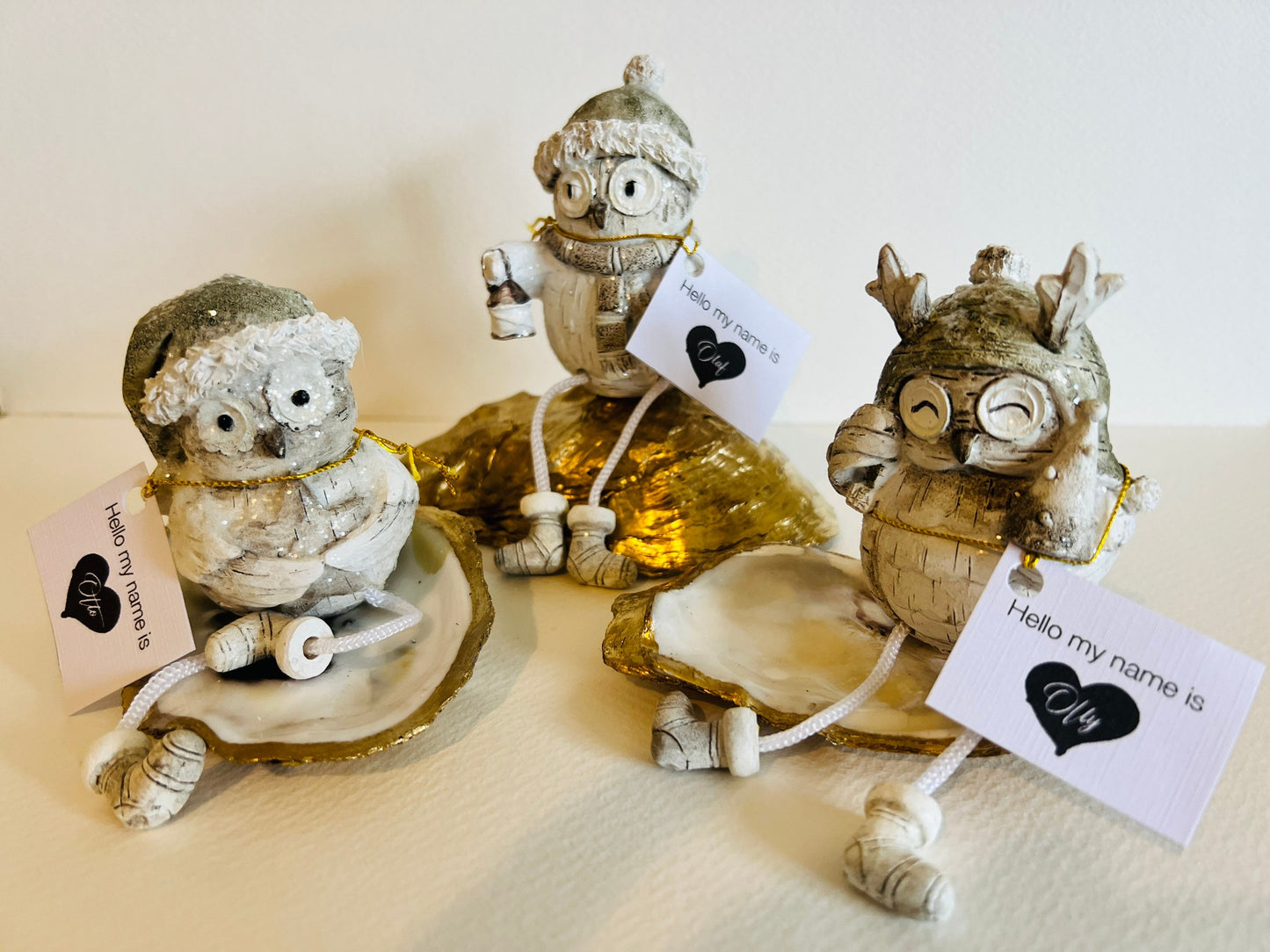 Set of 3 Christmas Owl Ornaments: Hand Finished Glittery Shelf Sitters