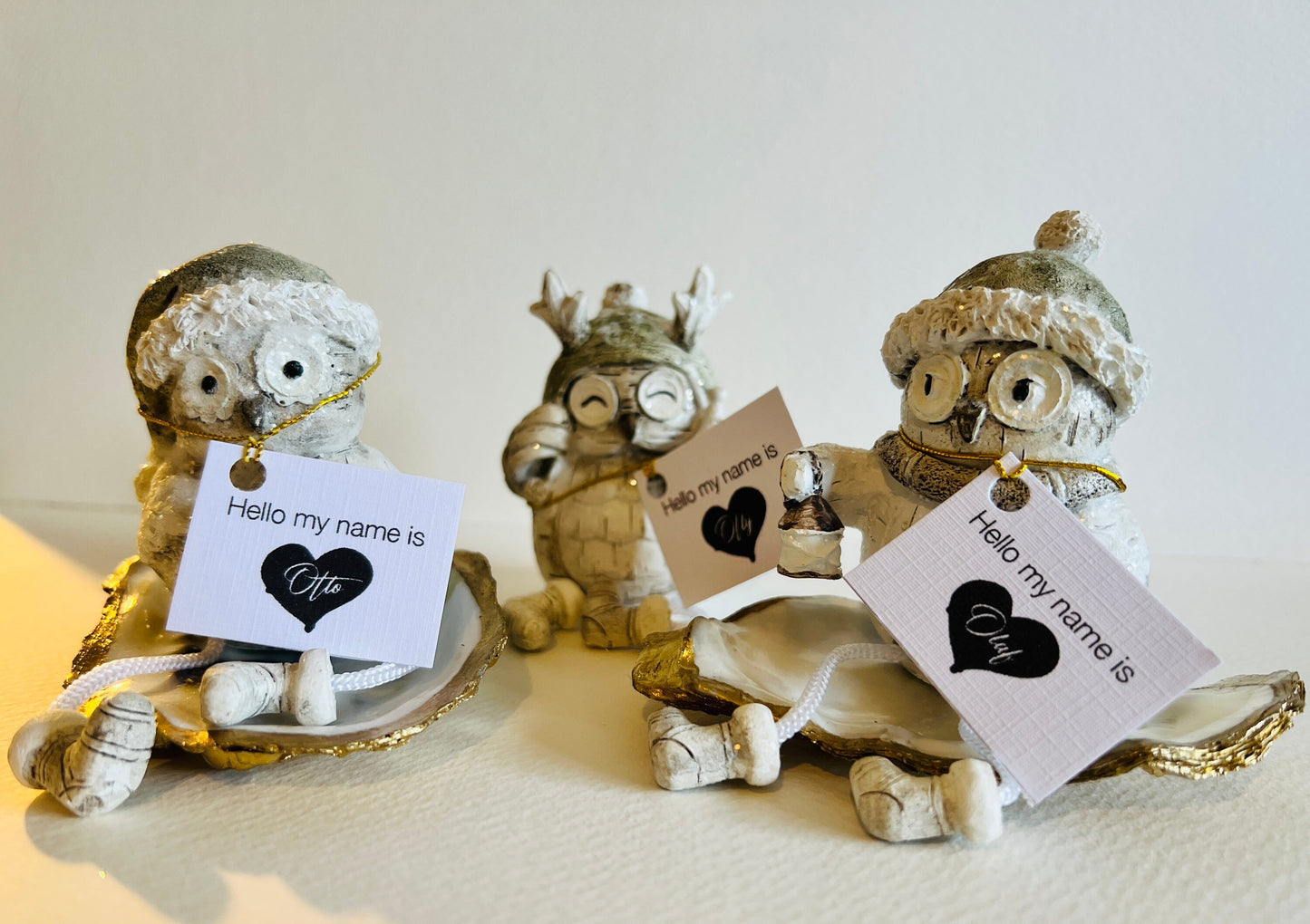 Set of 3 Christmas Owl Ornaments: Hand Finished Glittery Shelf Sitters