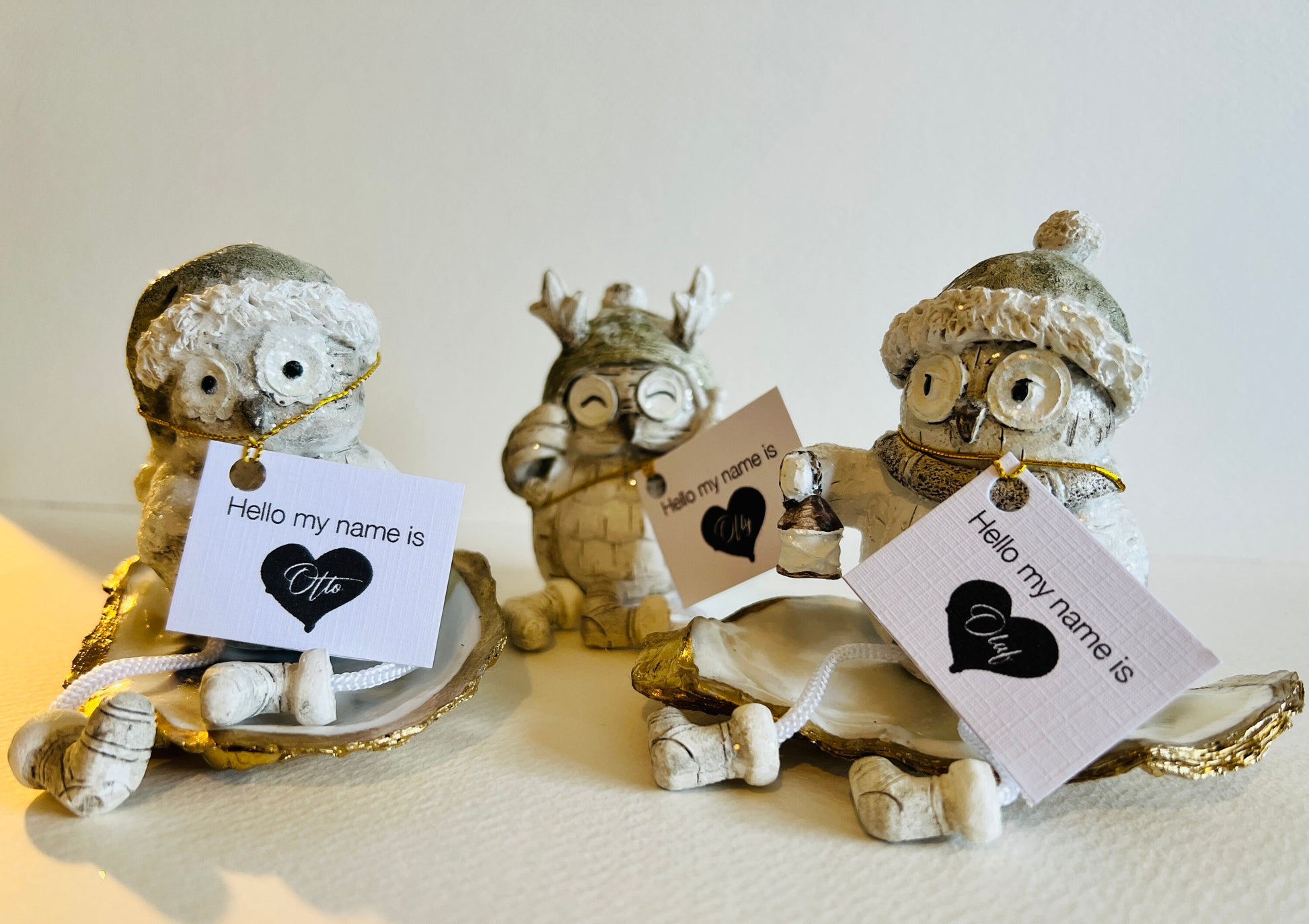 Set of 3 Christmas Owl Ornaments: Hand Finished Glittery Shelf Sitters