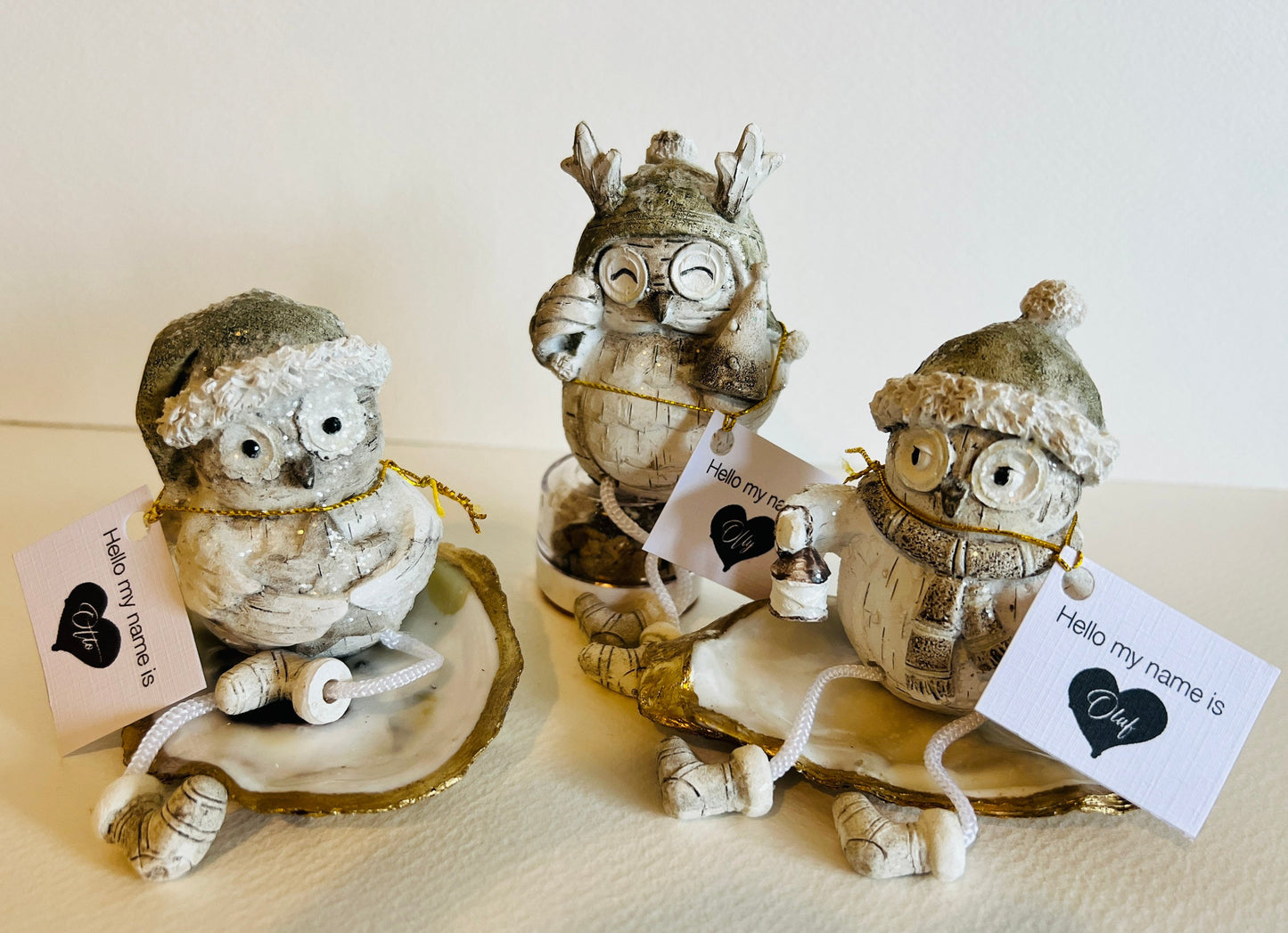 Set of 3 Christmas Owl Ornaments: Hand Finished Glittery Shelf Sitters