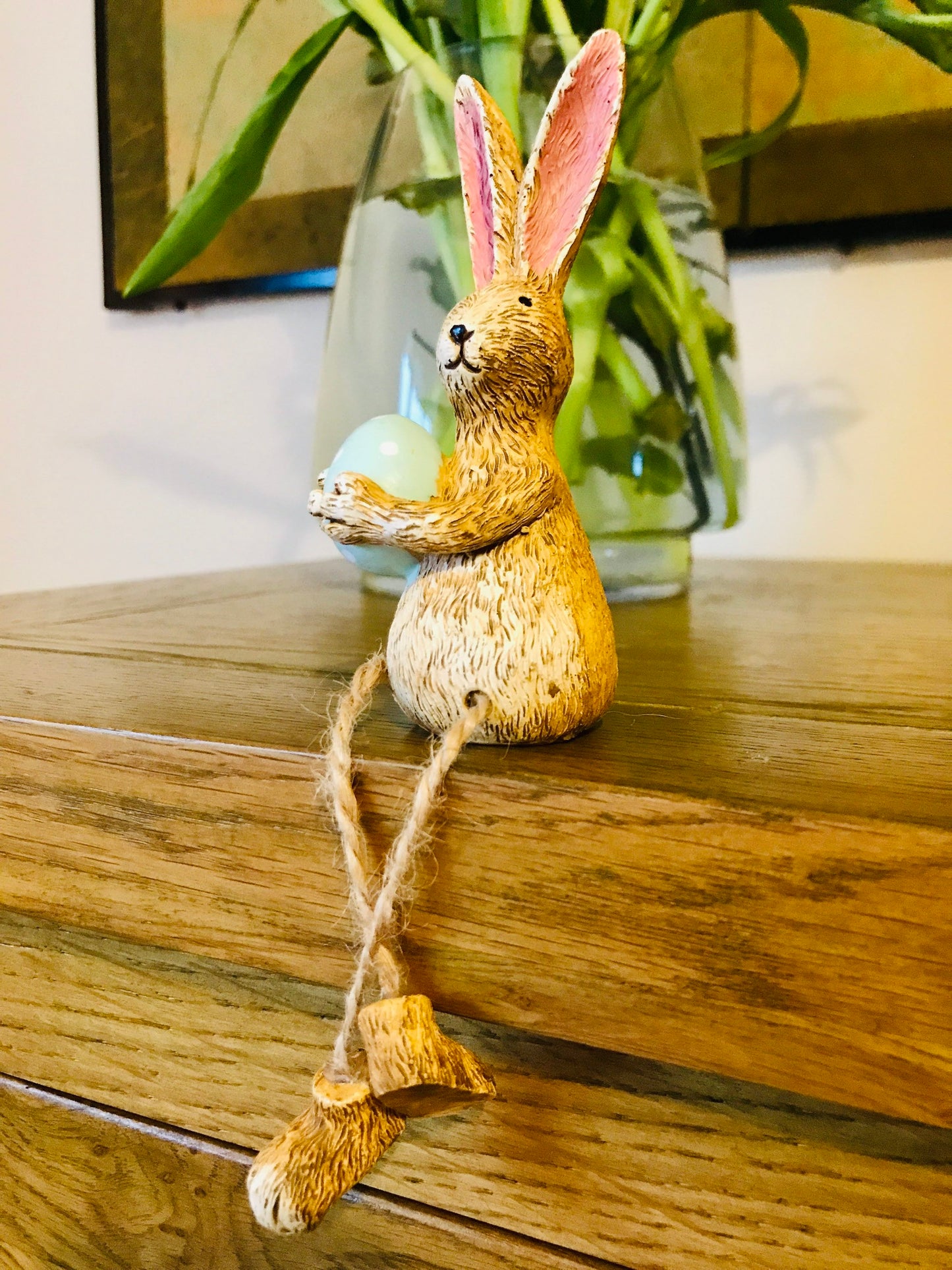 Shelf Sitting Easter Bunny with Dotty Egg: Hand Finished Polyresin Decor