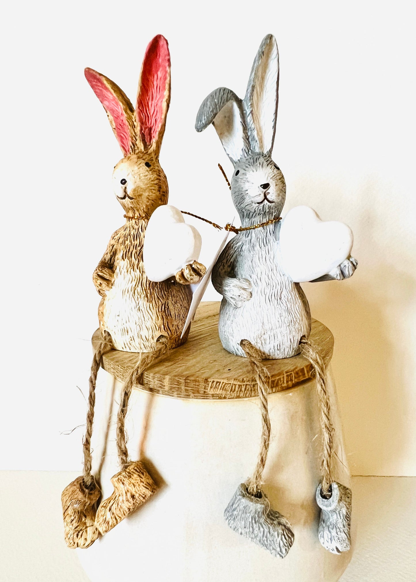 Hand Finished Bunny Shelf Sitter with White Heart: Rustic Rabbit Ornament, Spring Home Decor
