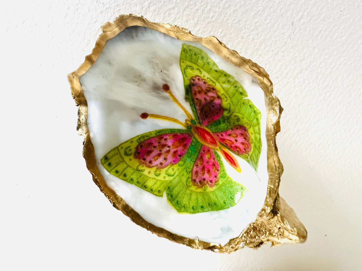 Green Blue Butterfly Oyster Shell Ring Dish: Gilded Gold Leaf Trinket Dish, Coastal Decor, Nature gift