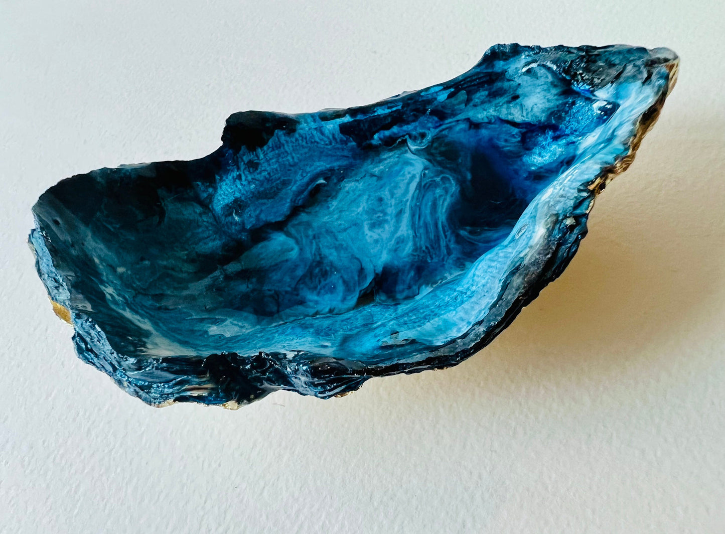 gifts for her, blue gold dish, jewellery trinket dish, serving dishes, blue handmade dish, shell ornament, trinket box, salt and pepper dishes, coastal gifts, coastal decor, home decor, blue gift, shell decor, decorative ornament, Emma Wade ART