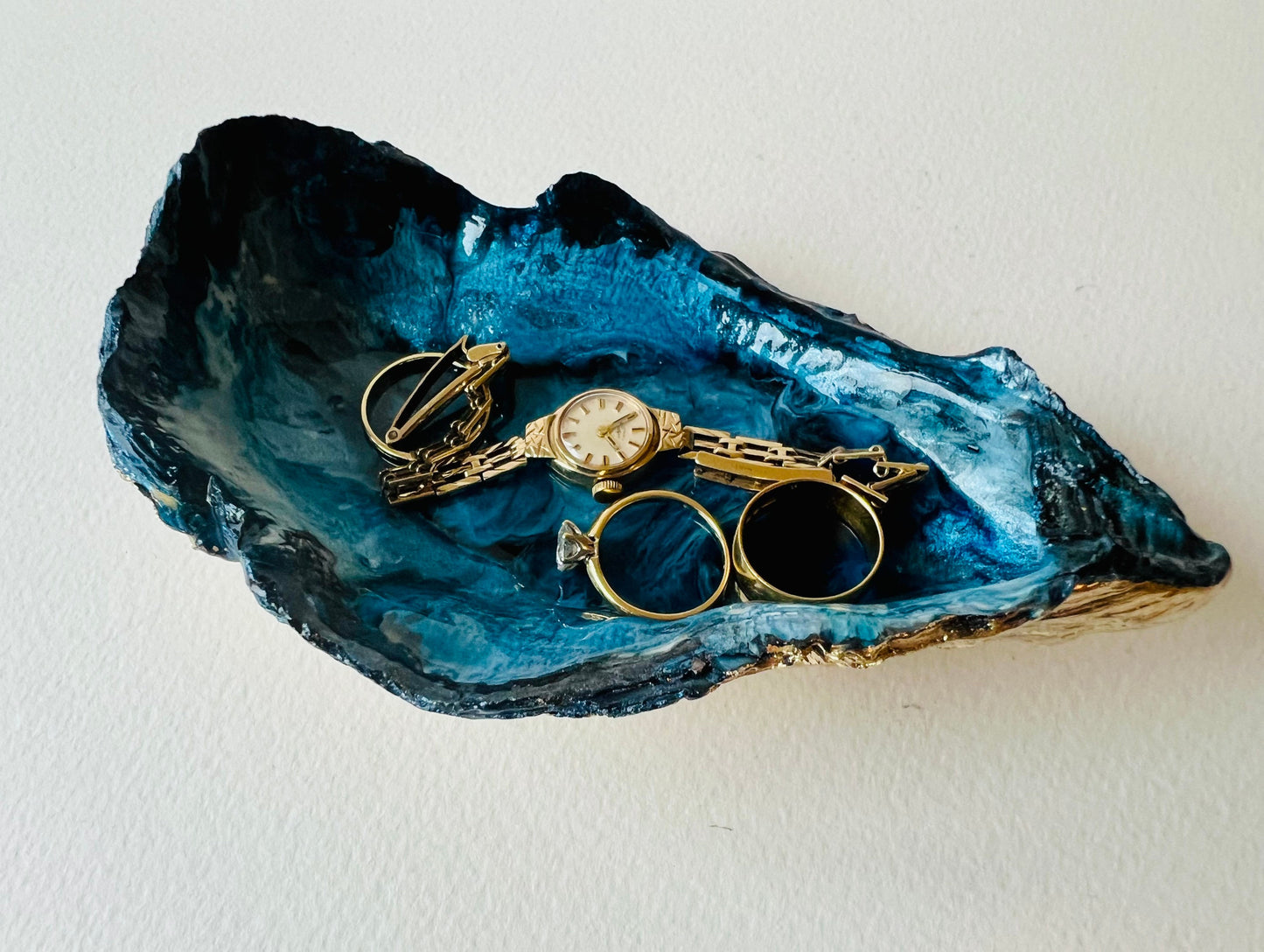 gifts for her, blue gold dish, jewellery trinket dish, serving dishes, blue handmade dish, shell ornament, trinket box, salt and pepper dishes, coastal gifts, coastal decor, home decor, blue gift, shell decor, decorative ornament, Emma Wade ART