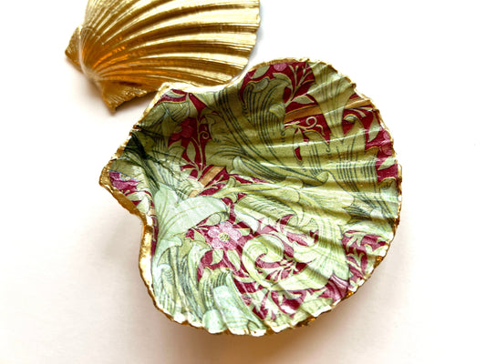 William Morris Granville Bordeaux Scallop Shell Trinket Dish: Gold Leaf Ring Holder, Dorset Coastal Jewellery Tray, Handmade Gift