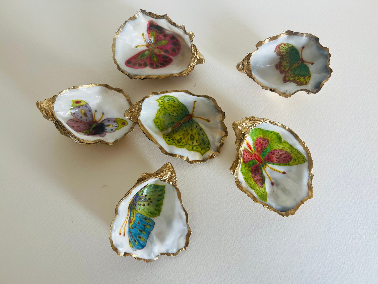 Green Blue Butterfly Oyster Shell Ring Dish: Gilded Gold Leaf Trinket Dish, Coastal Decor, Nature gift