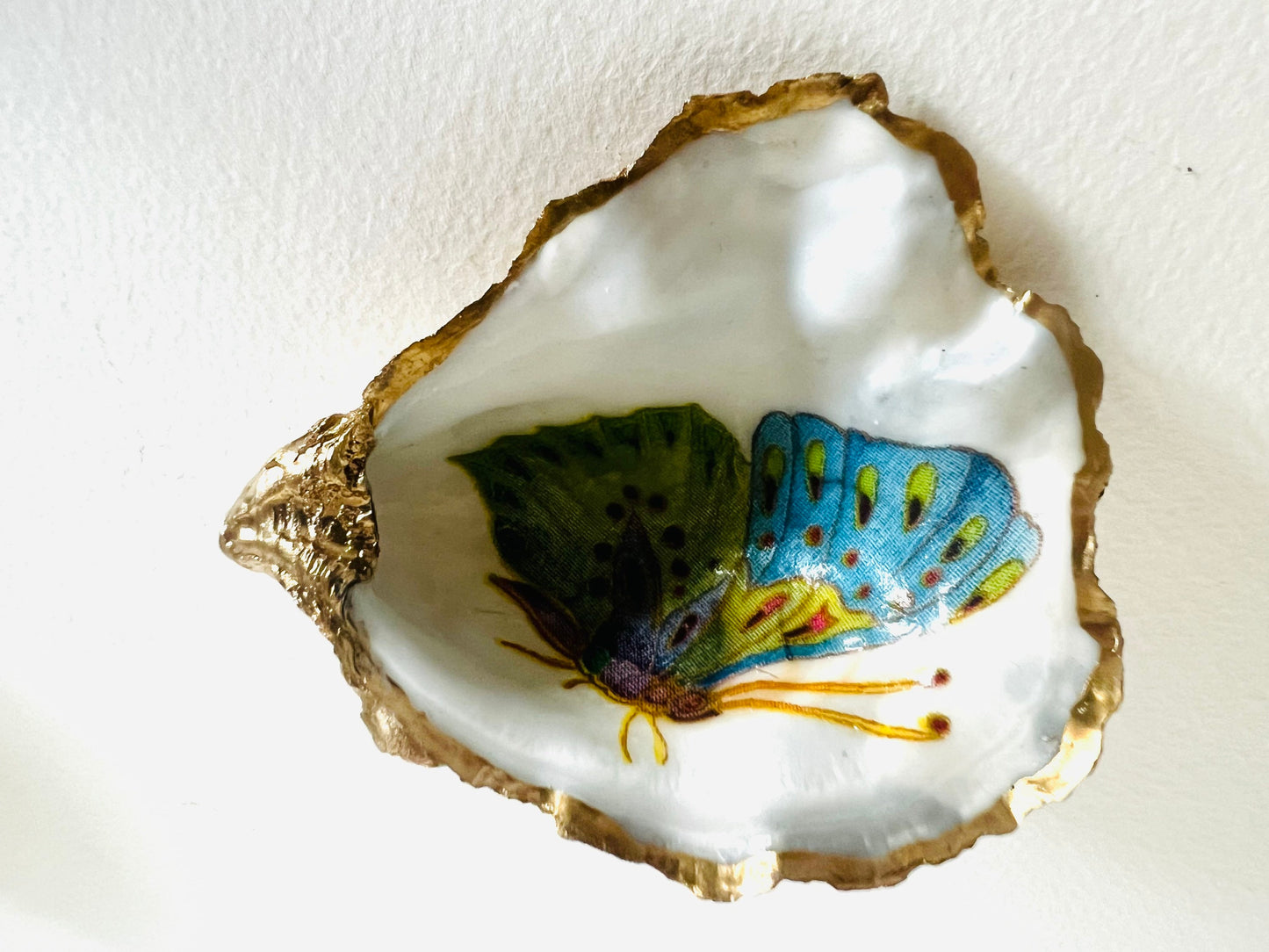 Green Blue Butterfly Oyster Shell Ring Dish: Gilded Gold Leaf Trinket Dish, Coastal Decor, Nature gift