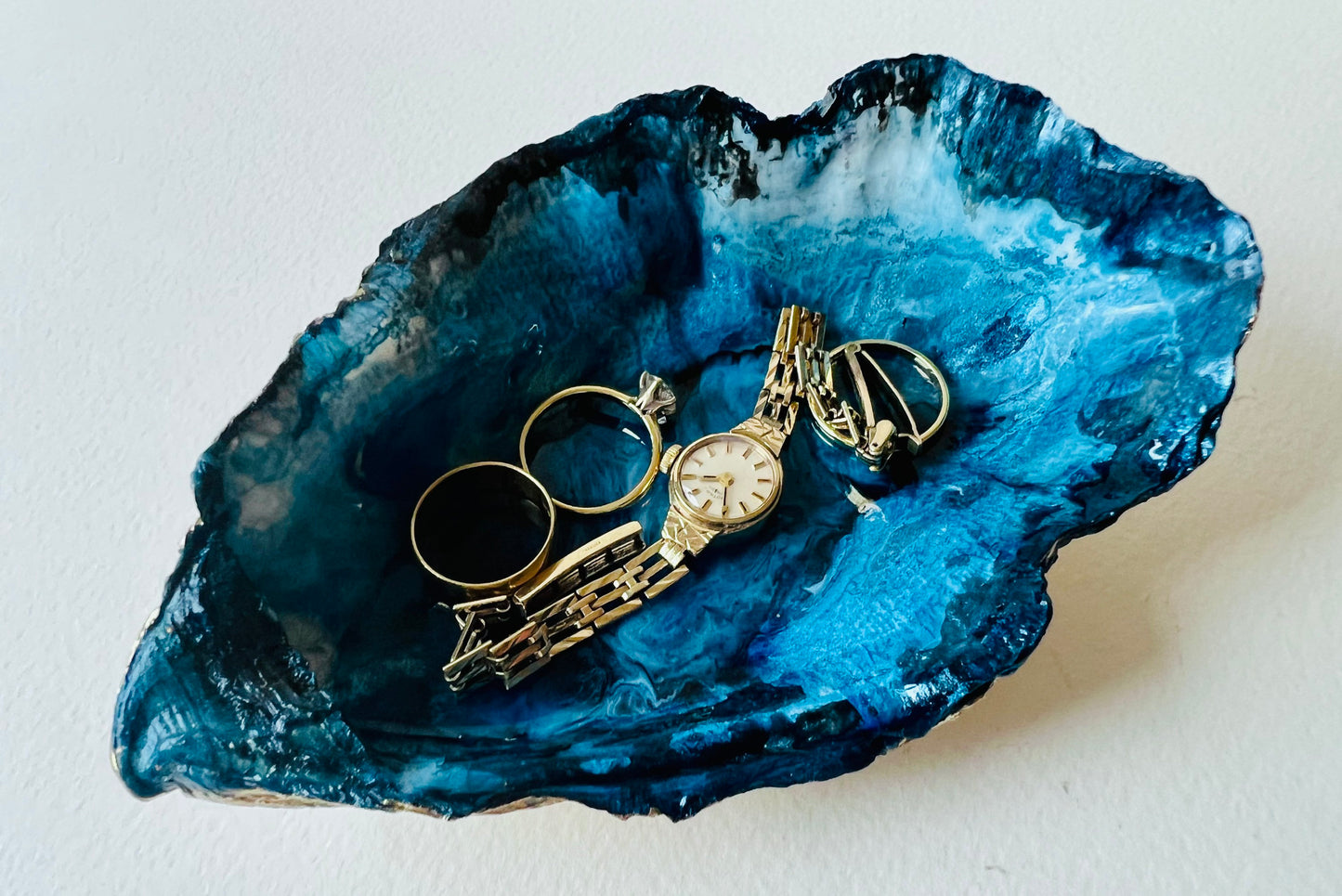 gifts for her, blue gold dish, jewellery trinket dish, serving dishes, blue handmade dish, shell ornament, trinket box, salt and pepper dishes, coastal gifts, coastal decor, home decor, blue gift, shell decor, decorative ornament, Emma Wade ART