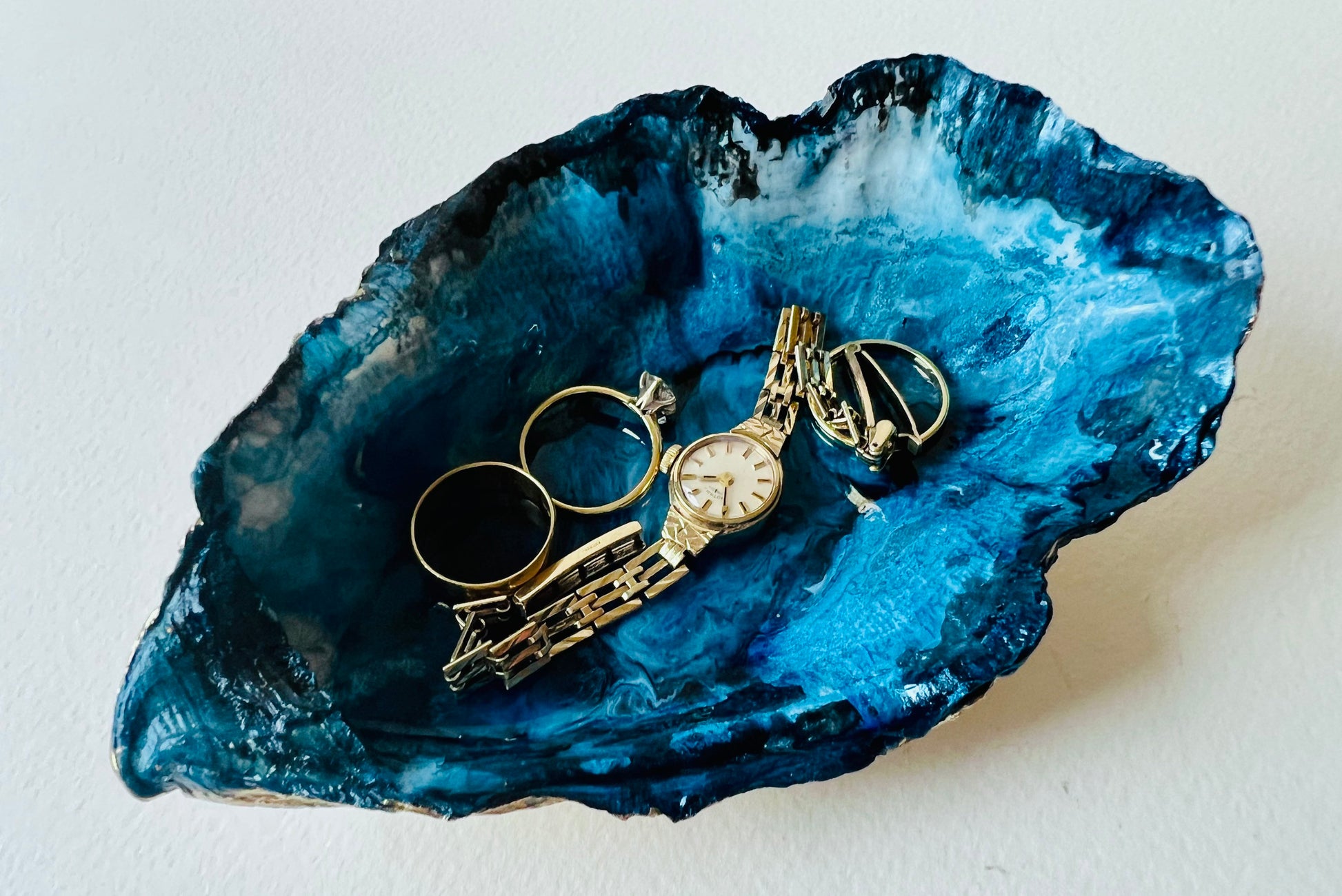 gifts for her, blue gold dish, jewellery trinket dish, serving dishes, blue handmade dish, shell ornament, trinket box, salt and pepper dishes, coastal gifts, coastal decor, home decor, blue gift, shell decor, decorative ornament, Emma Wade ART