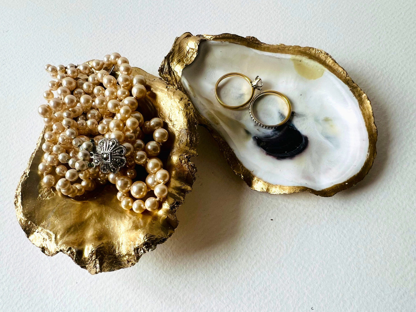 Dorset Oyster Shell Jewelry Dish Set: Pearl Finish Ring Holder, Coastal Gift Idea, Proposal Gift, Gilded Gold Leaf dish