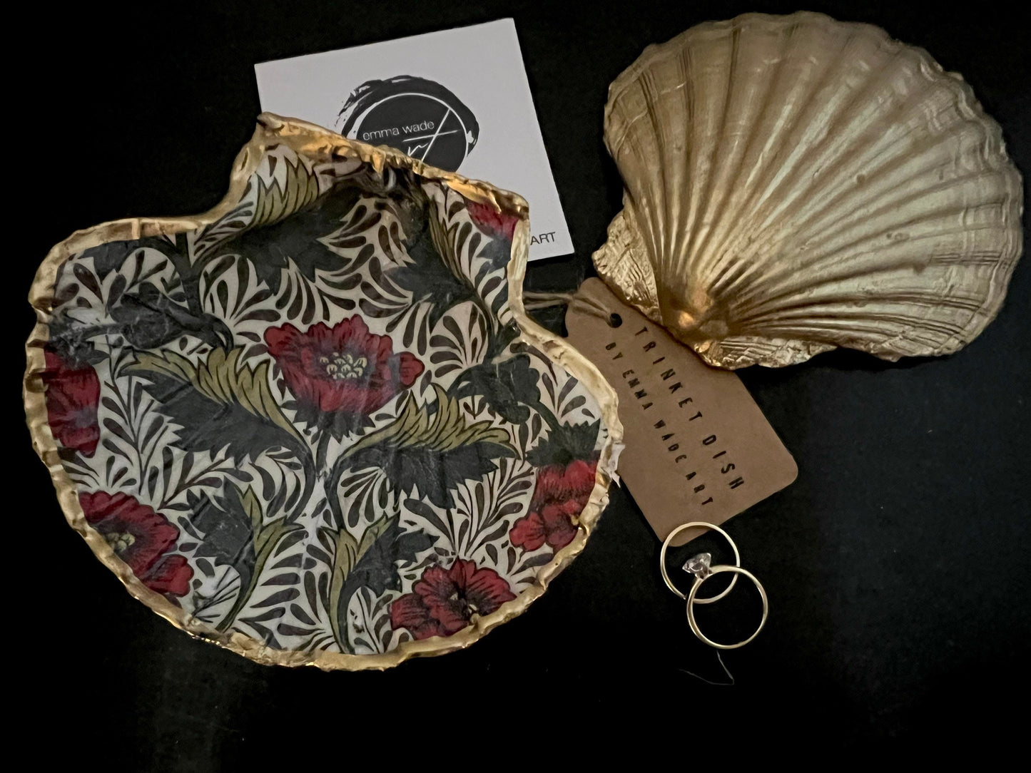William Morris Red Peony Scallop Shell Trinket Dish with Gold Leaf