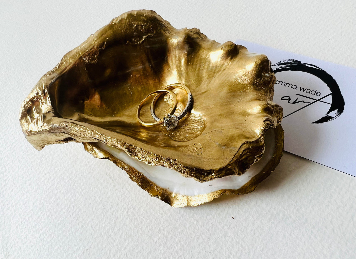 Dorset Oyster Shell Jewelry Dish Set: Pearl Finish Ring Holder, Coastal Gift Idea, Proposal Gift, Gilded Gold Leaf dish