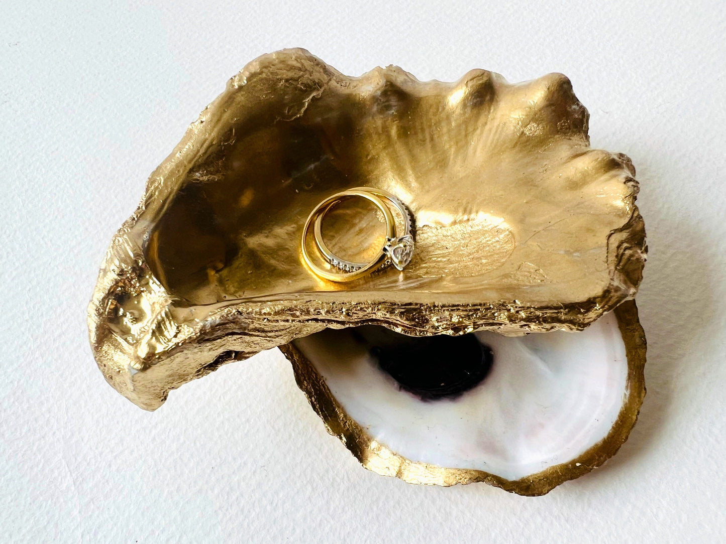 Dorset Oyster Shell Jewelry Dish Set: Pearl Finish Ring Holder, Coastal Gift Idea, Proposal Gift, Gilded Gold Leaf dish