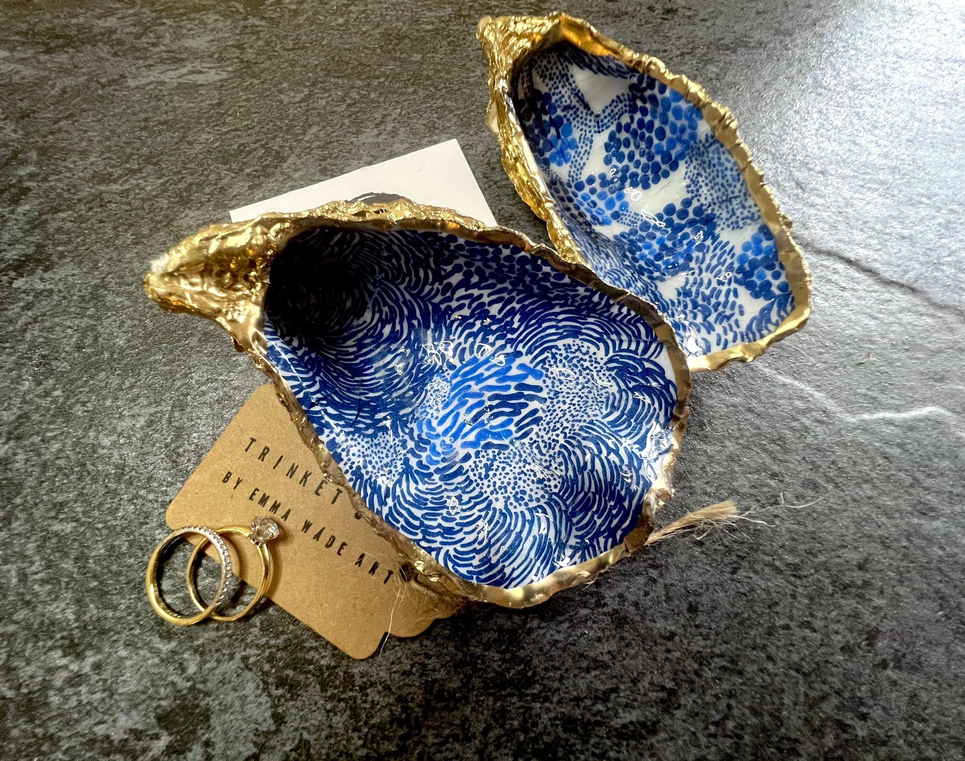 Blue Marimekko Oyster Shell Trinket Dish | Hand Gilded Gold Leaf Jewellery Holder | Scandinavian Coastal Decor