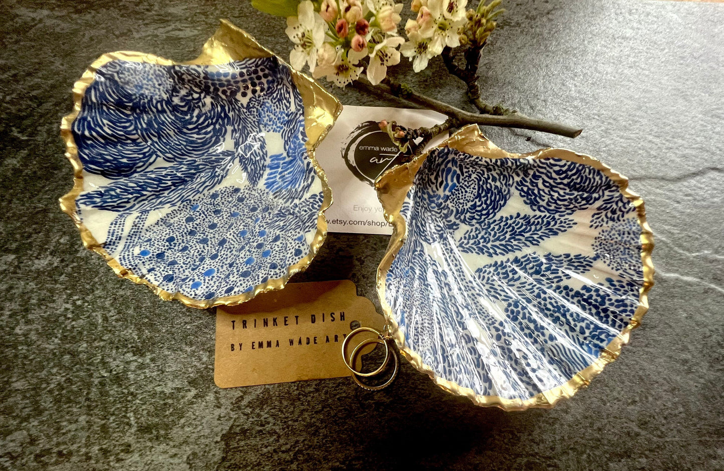 Marimekko Nordic design, Finnish decor, scallop decoupage dish, trinket dish, blue shell dish, scallop jewellery dish, gift for her, gift for mum, EmmaWadeART, flower dish, Nordic art, Finnish art, kitchen decor, marimekko dish, shell coastal decor