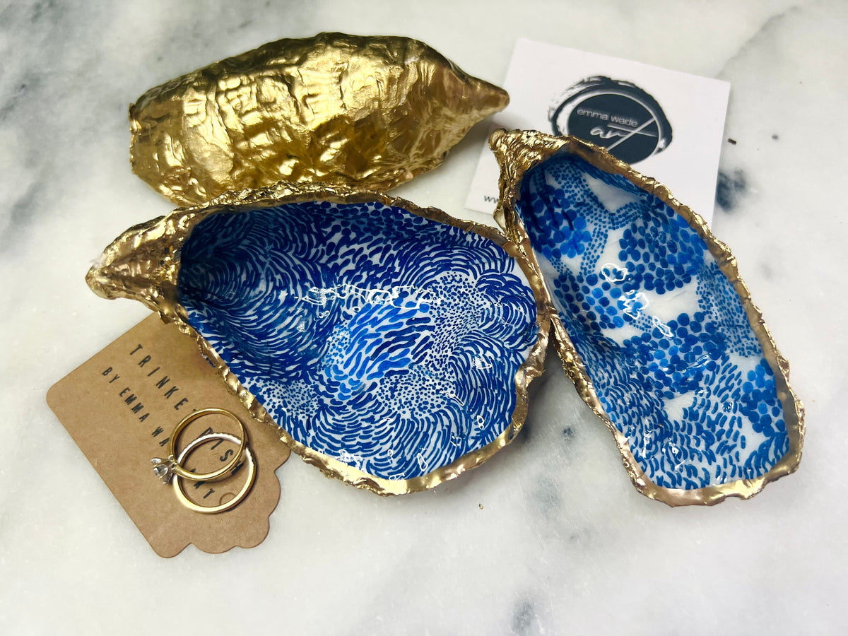 Blue Marimekko Oyster Shell Trinket Dish | Hand Gilded Gold Leaf Jewellery Holder | Scandinavian Coastal Decor