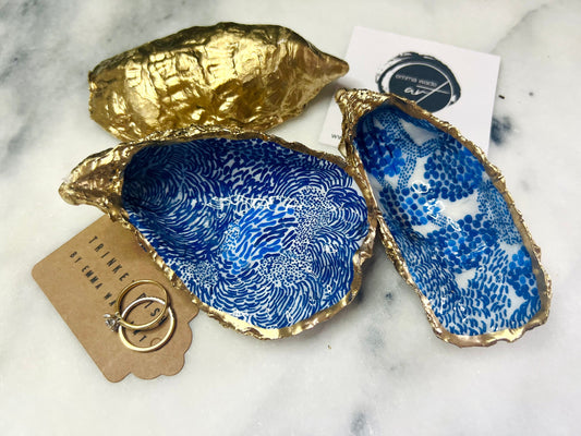 Blue Marimekko Oyster Shell Trinket Dish | Hand Gilded Gold Leaf Jewellery Holder | Scandinavian Coastal Decor