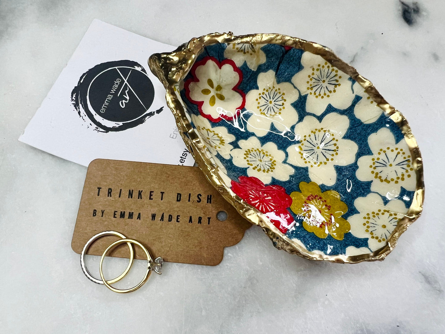 gifts for her, decorated dish, jewellery trinket dish, serving dish, coastal decor, shell decorations, decorative accessories, decoupaged oyster shell, coastal gift idea, sakura gift, flower gift, handmade gift, https://emmawadeart.etsy.com/