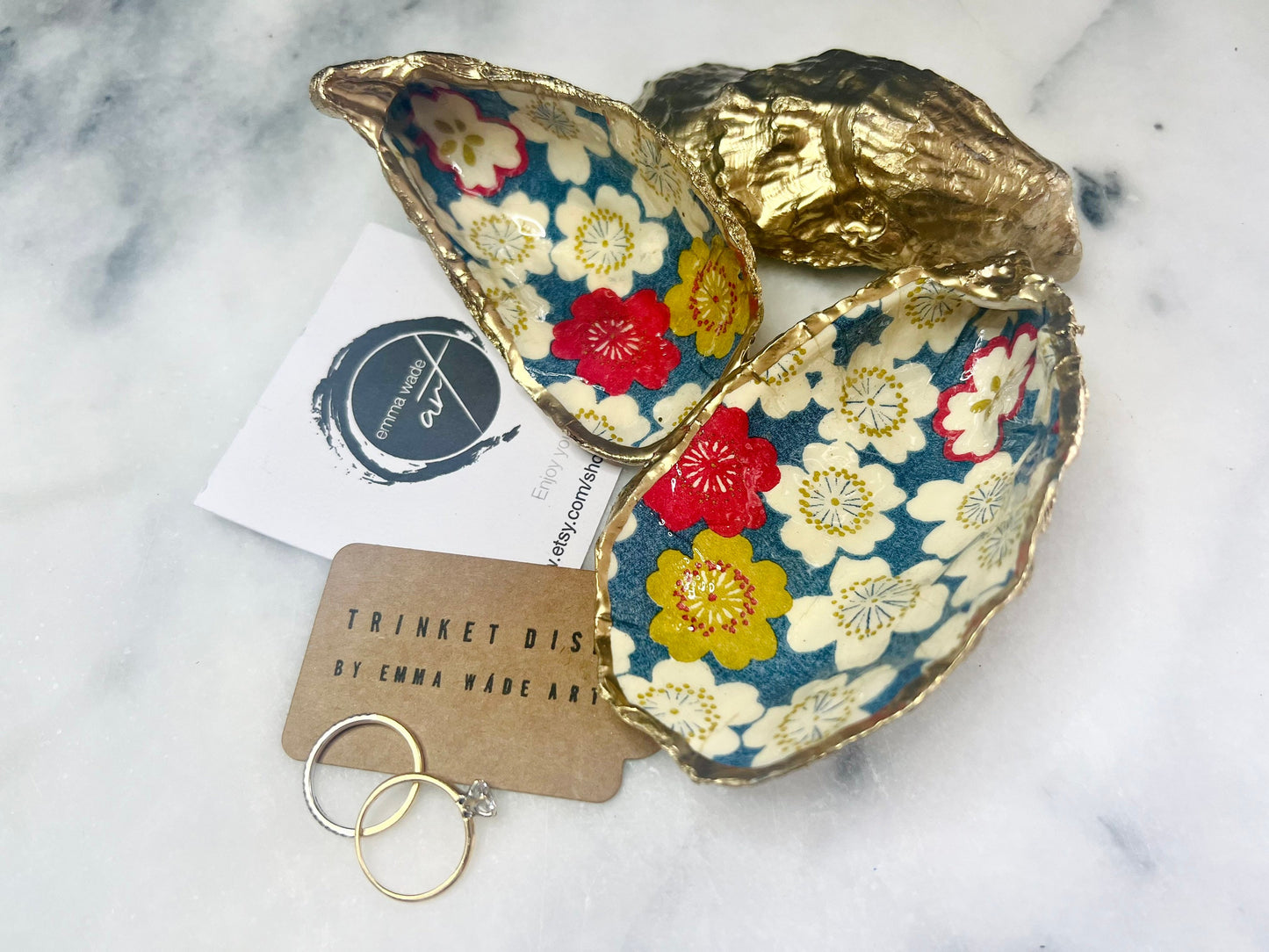Japanese Sakura Cherry Blossom Floral Oyster Shell Trinket Dish: Gold Leaf Jewelry Dish, Coastal Gift, Host Gift