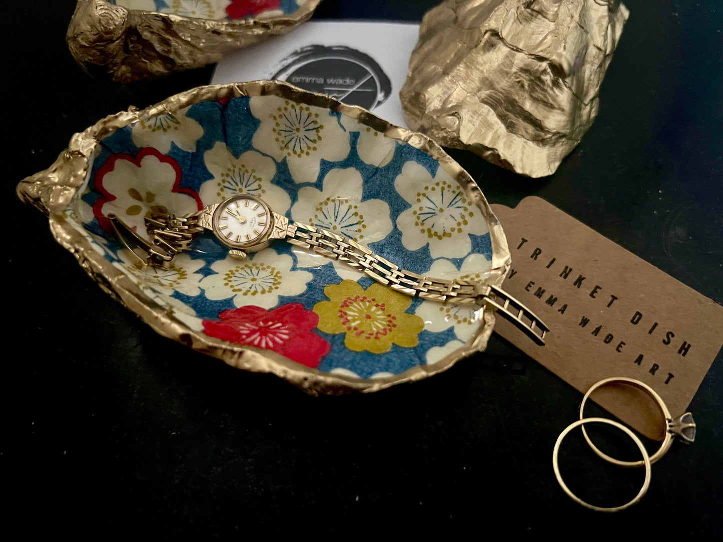 gifts for her, decorated dish, jewellery trinket dish, serving dish, coastal decor, shell decorations, decorative accessories, decoupaged oyster shell, coastal gift idea, sakura gift, flower gift, handmade gift, https://emmawadeart.etsy.com/
