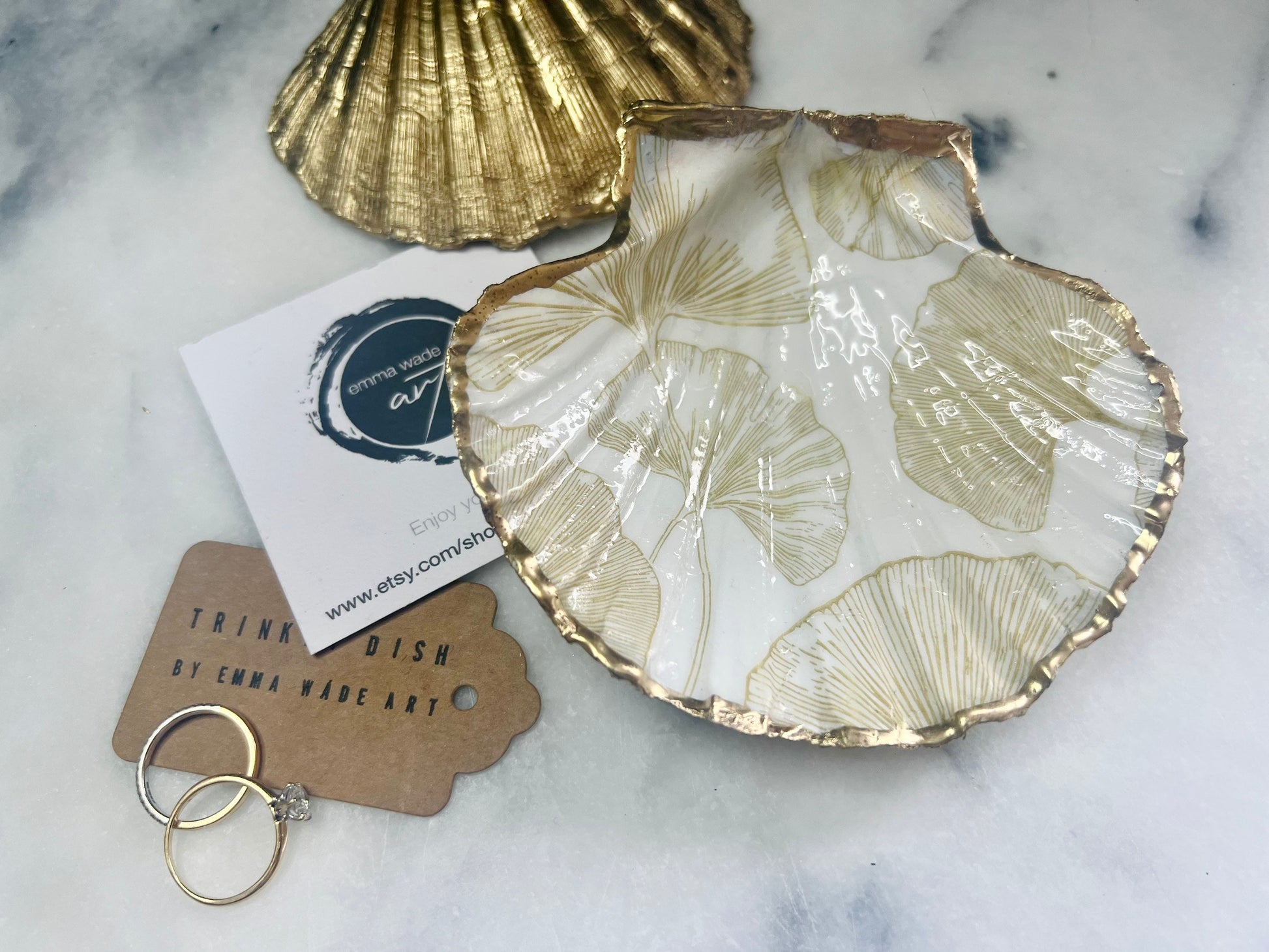 Ocean decor, gift for her, decoupage shell dish, Ocean decor, shell trinket dish, Gold Gingko decor, Shell dish, Jewellery dish, Ocean Art, Gift for him, Mothers Day gift, Easter gift, Chinese Decor, EmmawadeART,