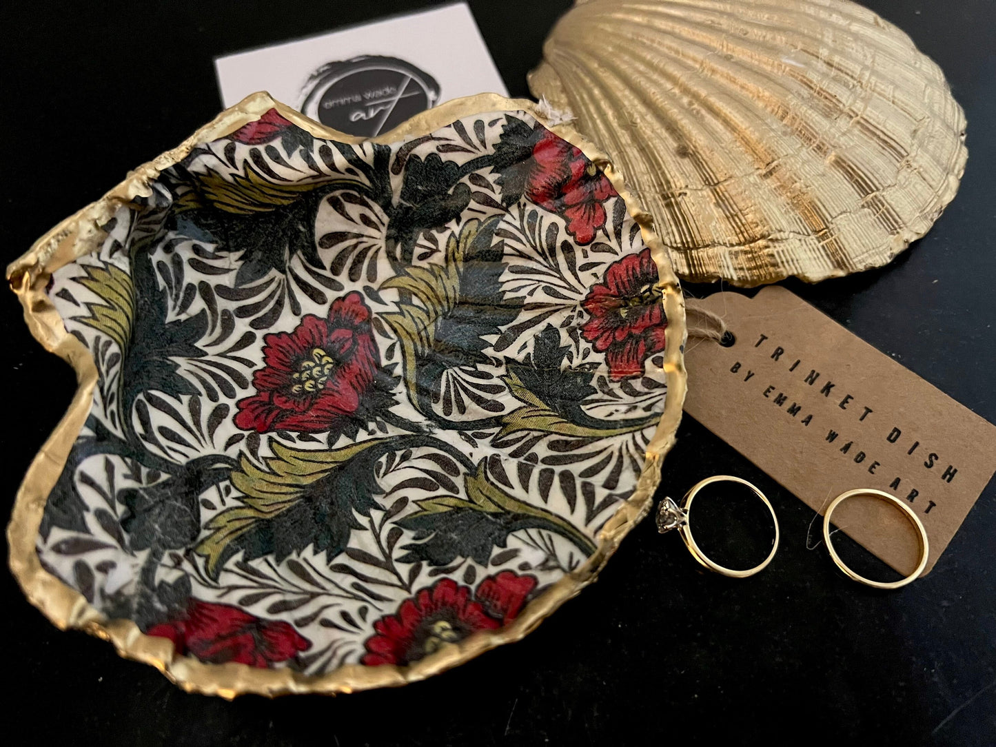 William Morris Red Peony Scallop Shell Trinket Dish with Gold Leaf
