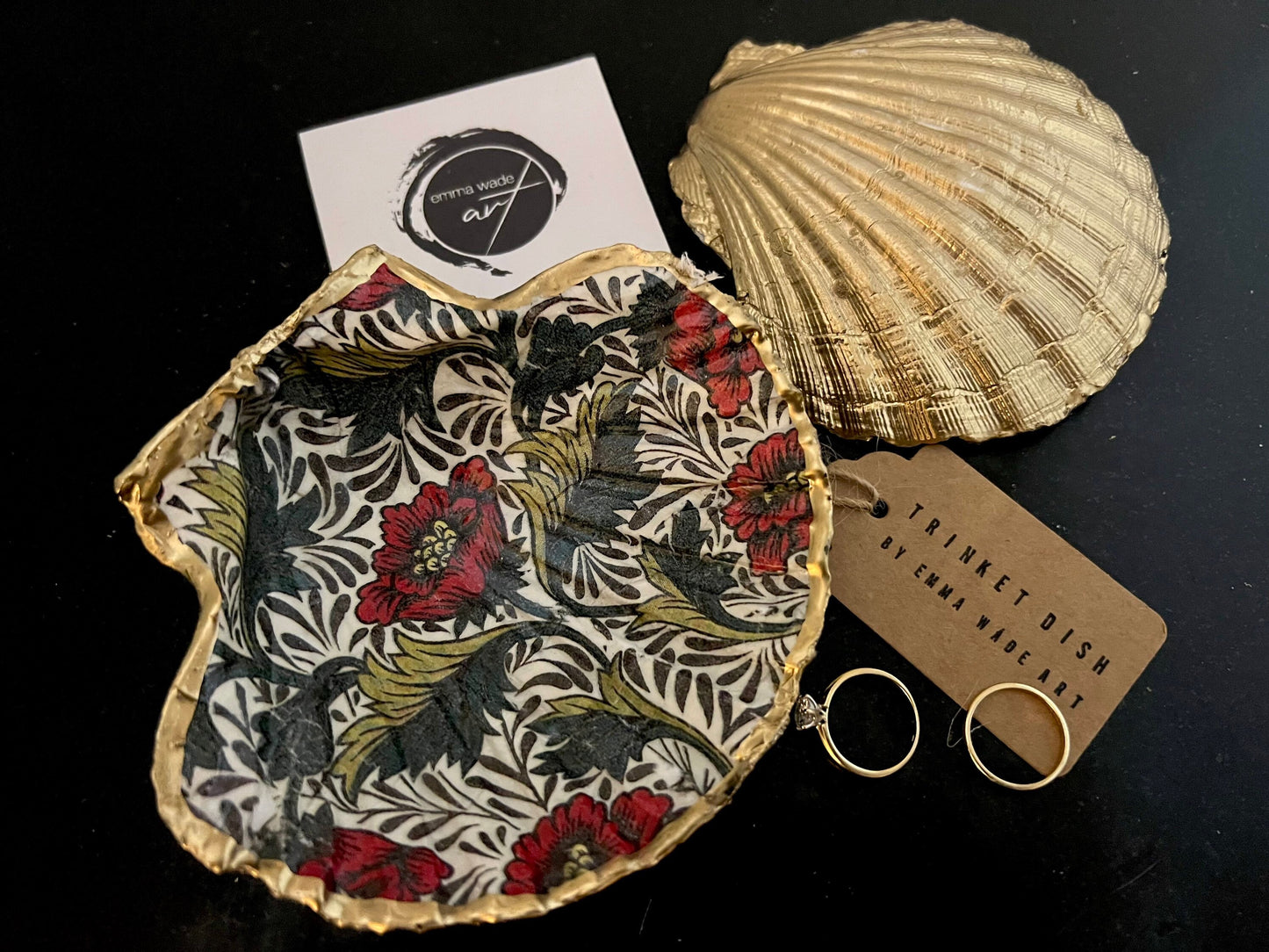 William Morris Red Peony Scallop Shell Trinket Dish with Gold Leaf