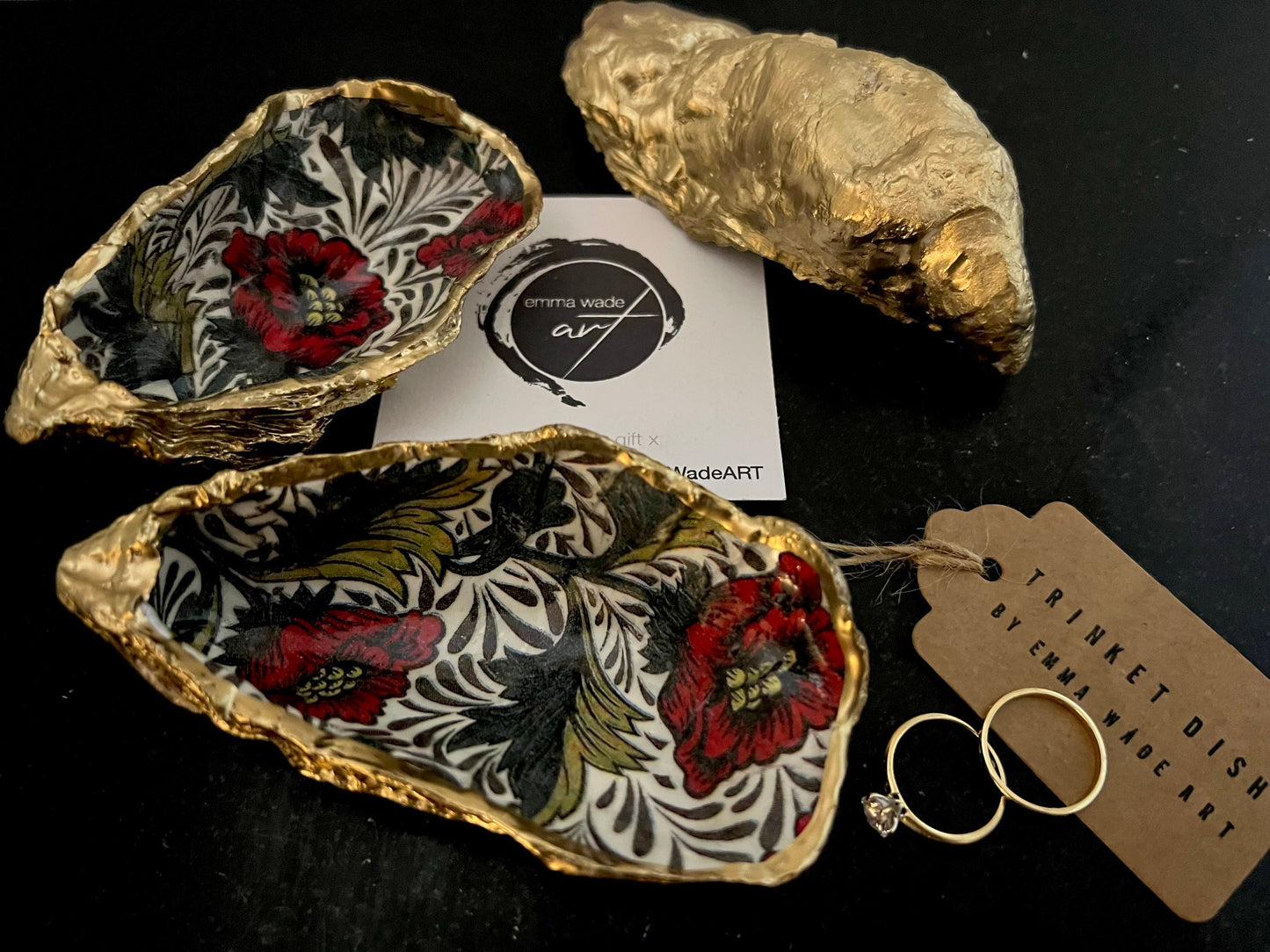 William Morris Red Peony Oyster Shell Trinket Dish: Gilded Gold Leaf Jewelry Dish, Heritage Gift, Coastal Decor