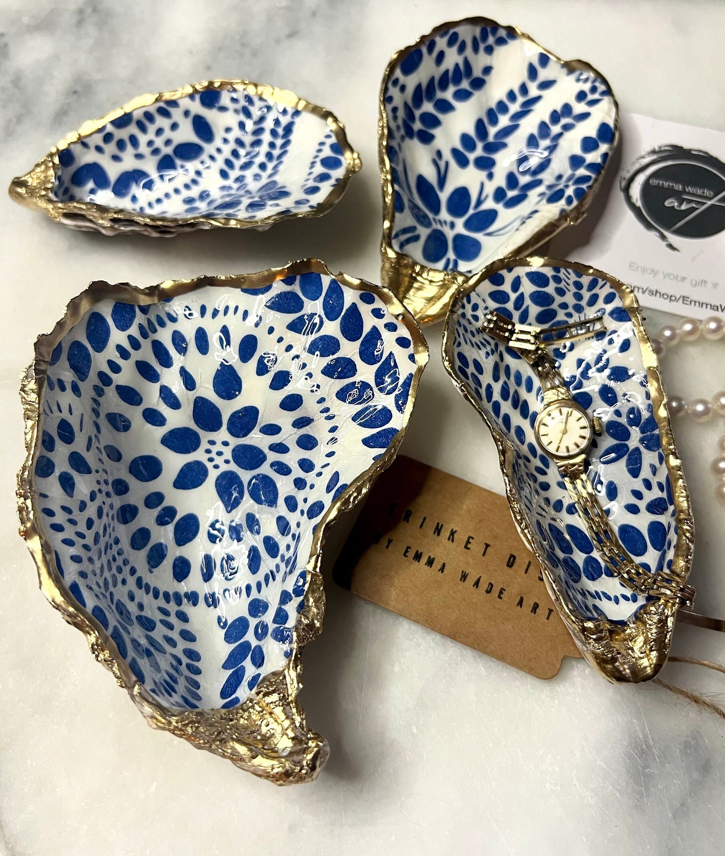 Scandanavian Marimekko Blue Floral Dorset Oyster Shell Trinket Dish: Gold Leaf Shell Ring Holder, Coastal Gift, Handmade Shell Dish