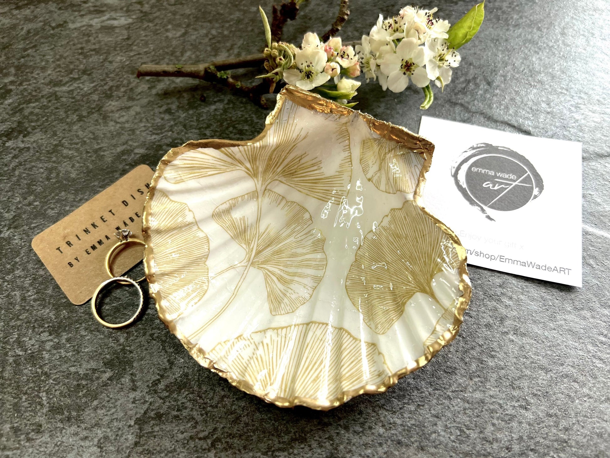 Ocean decor, gift for her, decoupage shell dish, Ocean decor, shell trinket dish, Gold Gingko decor, Shell dish, Jewellery dish, Ocean Art, Gift for him, Mothers Day gift, Easter gift, Chinese Decor, EmmawadeART,