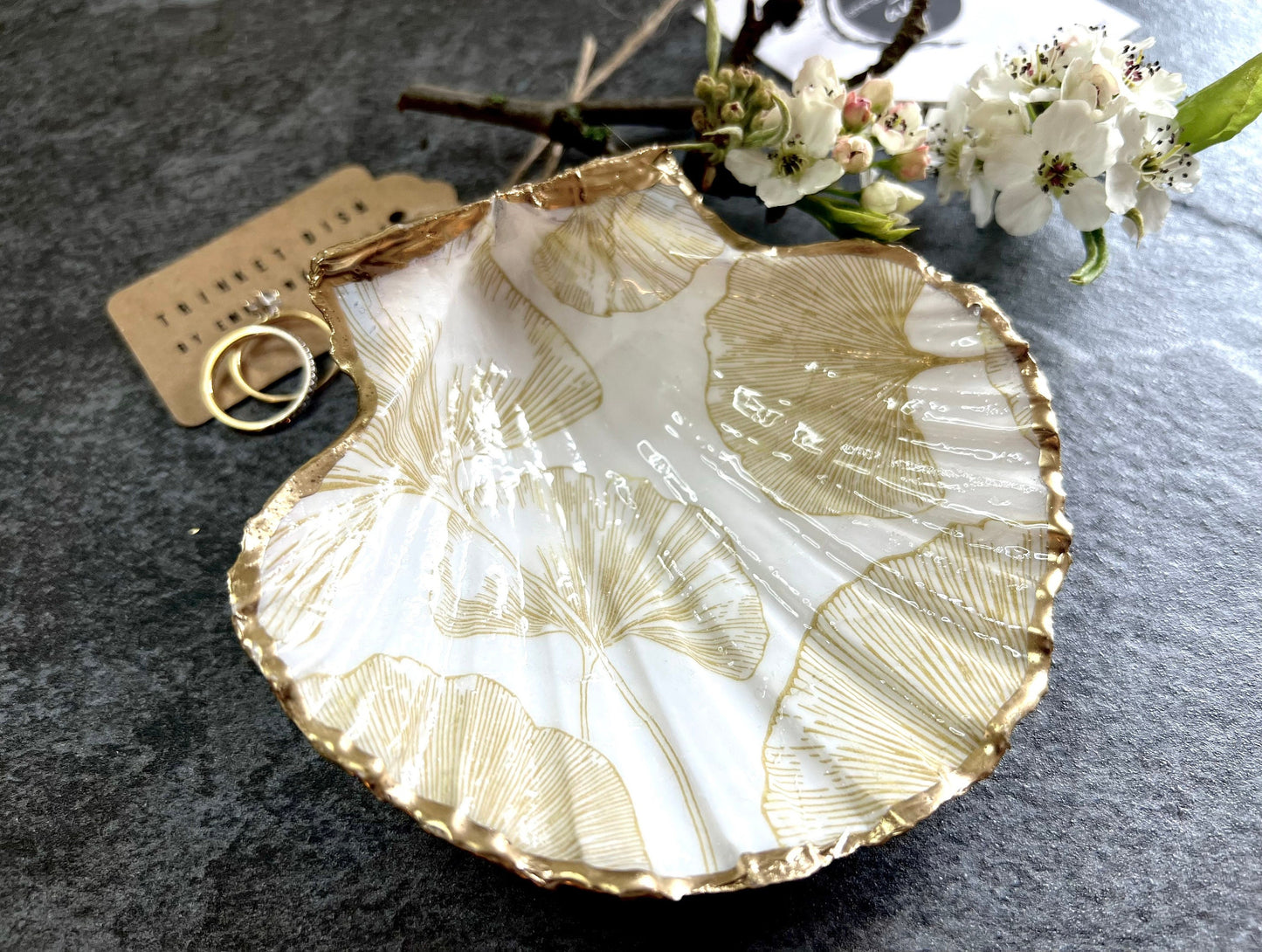 Scallop Hell Dish hand crafted with gold and white Gingko Designs, shellfish jewellery dish, UK Natural Scallop trinket tray, shell scallop dish, trinket tray shell, scallop shell jewellery bowl, golden trinket dish, decoupaged earring dish, scallop dish with gingko, decoupage shell dish, Emma Wade art, bride scallop dish, scallop shell trinket bowl, shell key bowl, gold gilded shell gift, coastal shell gift, gold white host gift, gold shell ornament, decoupage shell ring dish