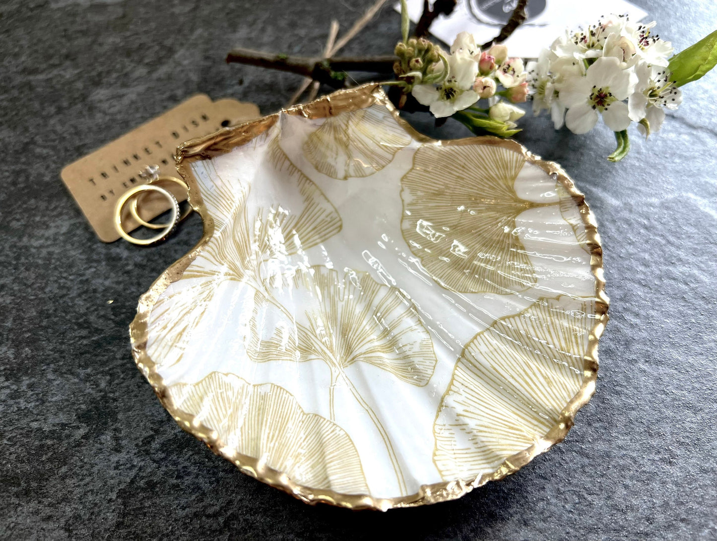 Scallop Hell Dish hand crafted with gold and white Gingko Designs, shellfish jewellery dish, UK Natural Scallop trinket tray, shell scallop dish, trinket tray shell, scallop shell jewellery bowl, golden trinket dish, decoupaged earring dish, scallop dish with gingko, decoupage shell dish, Emma Wade art, bride scallop dish, scallop shell trinket bowl, shell key bowl, gold gilded shell gift, coastal shell gift, gold white host gift, gold shell ornament, decoupage shell ring dish