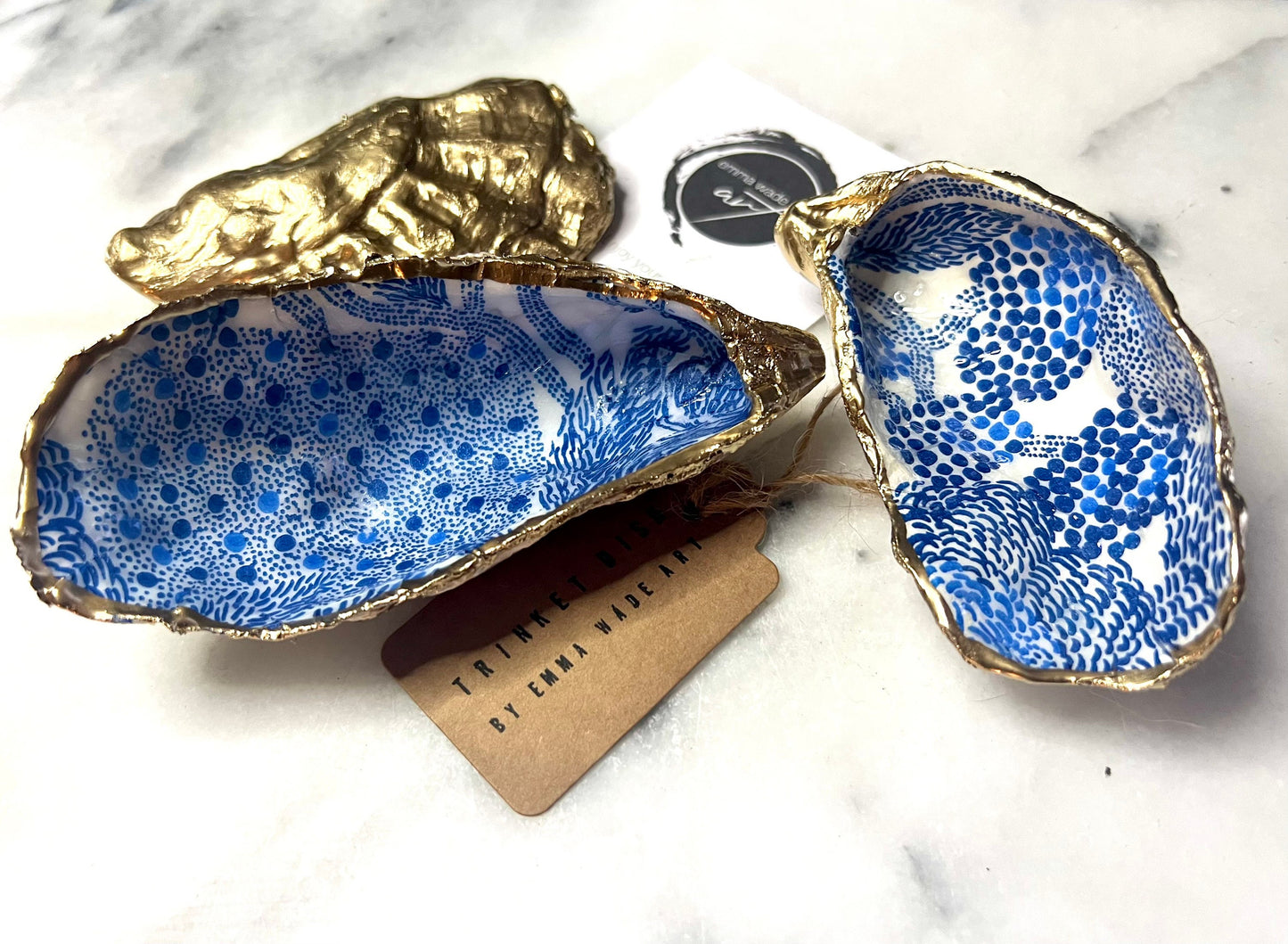 Blue Marimekko Oyster Shell Trinket Dish | Hand Gilded Gold Leaf Jewellery Holder | Scandinavian Coastal Decor