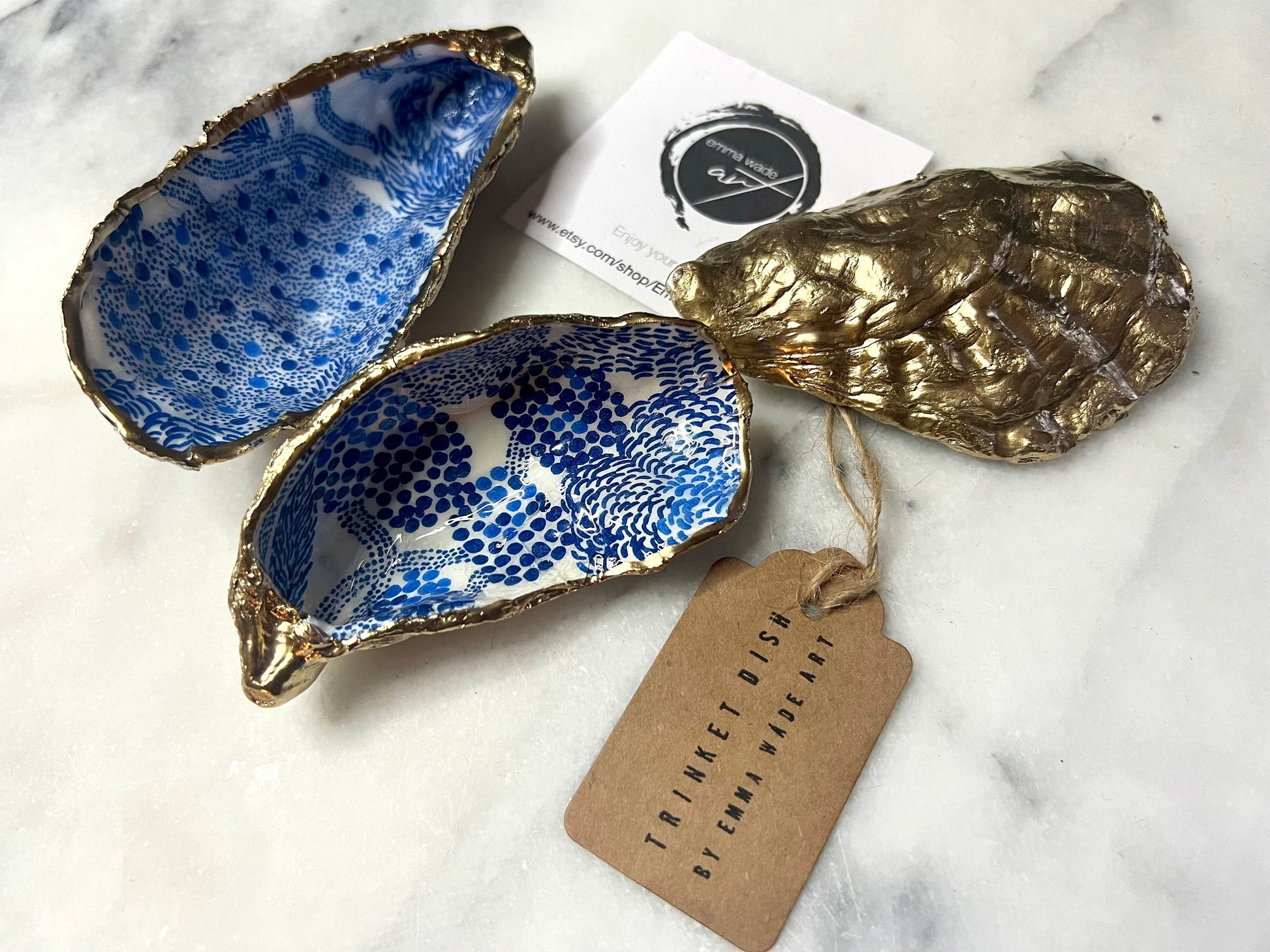 Blue Marimekko Oyster Shell Trinket Dish | Hand Gilded Gold Leaf Jewellery Holder | Scandinavian Coastal Decor