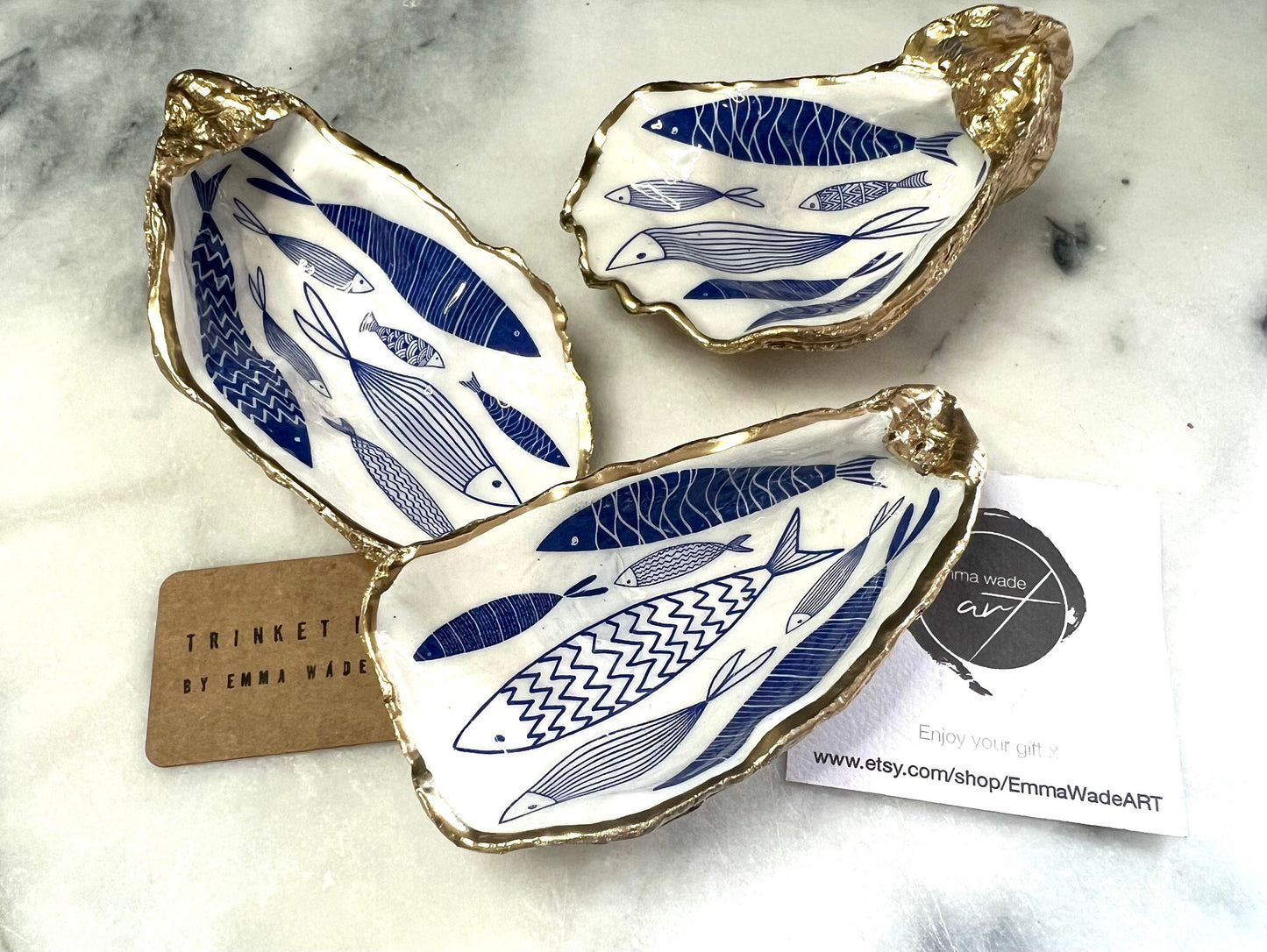 Hand-Gilded Gold Leaf Blue and White Fish Oyster Shell Trinket Dish, Sealed with Gloss Resin, Coastal Ring Holder, Host Gift