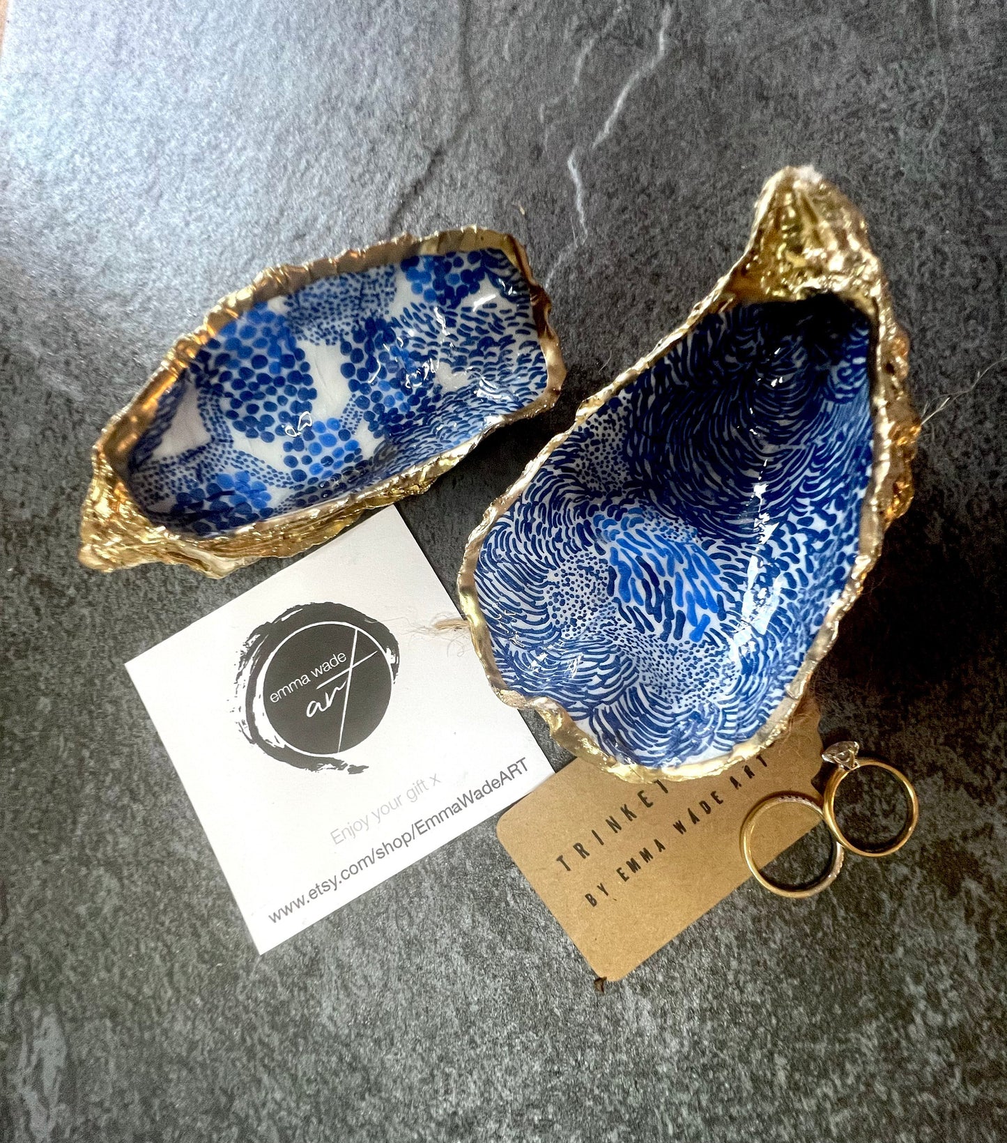 Blue Marimekko Oyster Shell Trinket Dish | Hand Gilded Gold Leaf Jewellery Holder | Scandinavian Coastal Decor