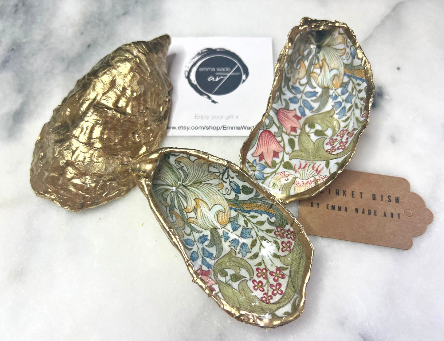 William Morris Golden Lily Oyster Shell Dish | Hand Gilded Trinket Tray | Coastal Jewellery Holder | UK heritage gift
