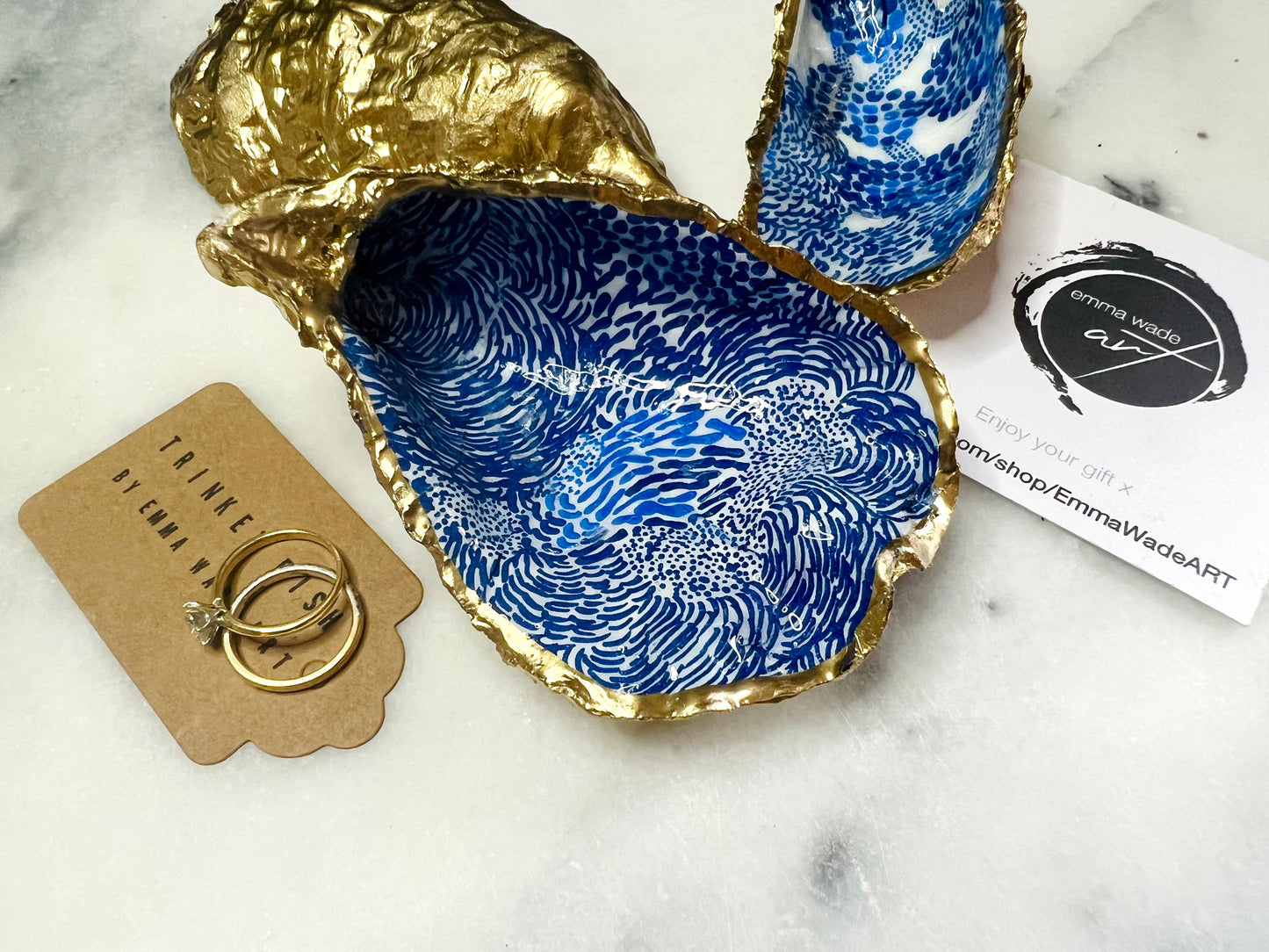 Blue Marimekko Oyster Shell Trinket Dish | Hand Gilded Gold Leaf Jewellery Holder | Scandinavian Coastal Decor