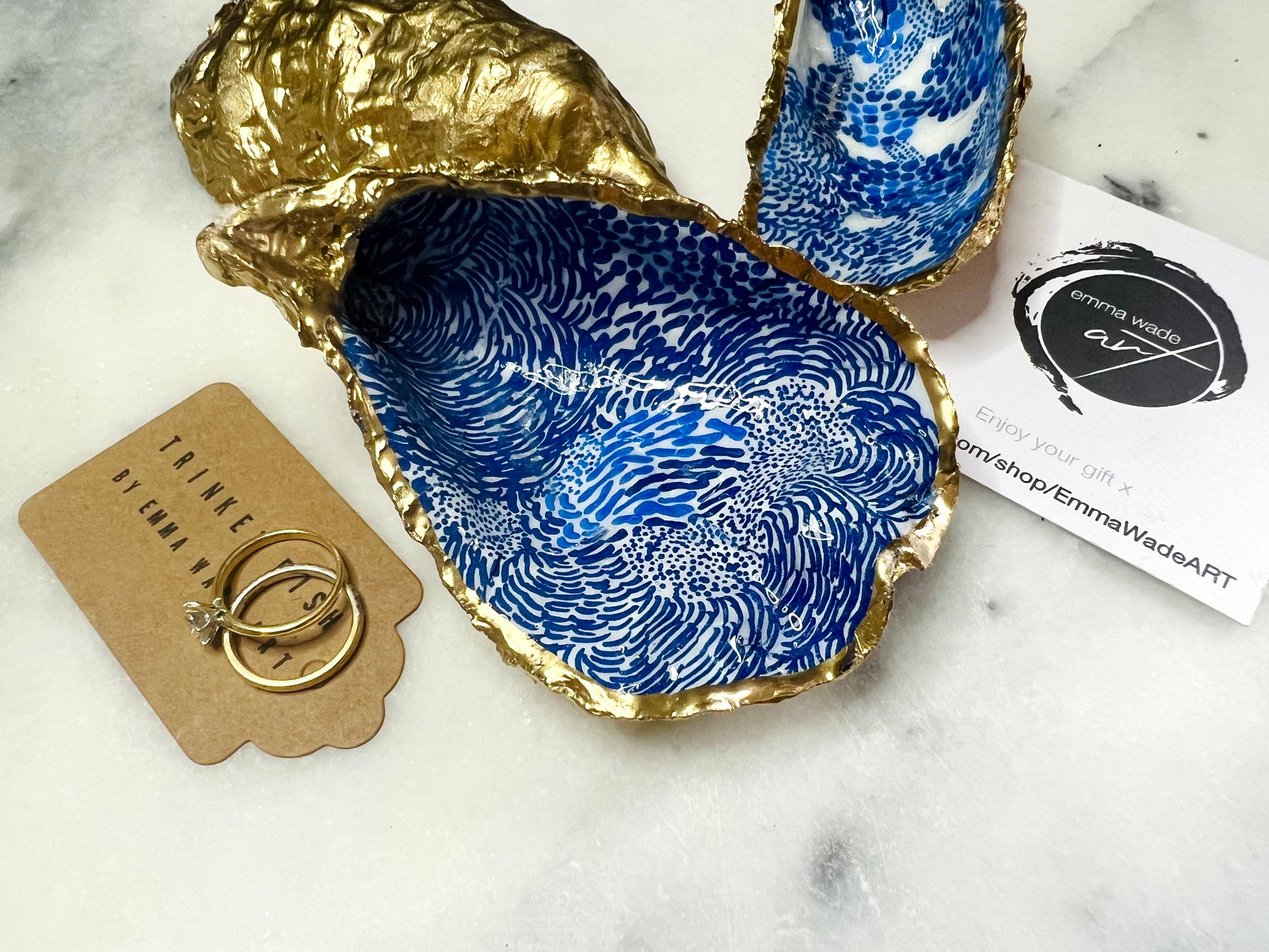 Blue Marimekko Oyster Shell Trinket Dish | Hand Gilded Gold Leaf Jewellery Holder | Scandinavian Coastal Decor