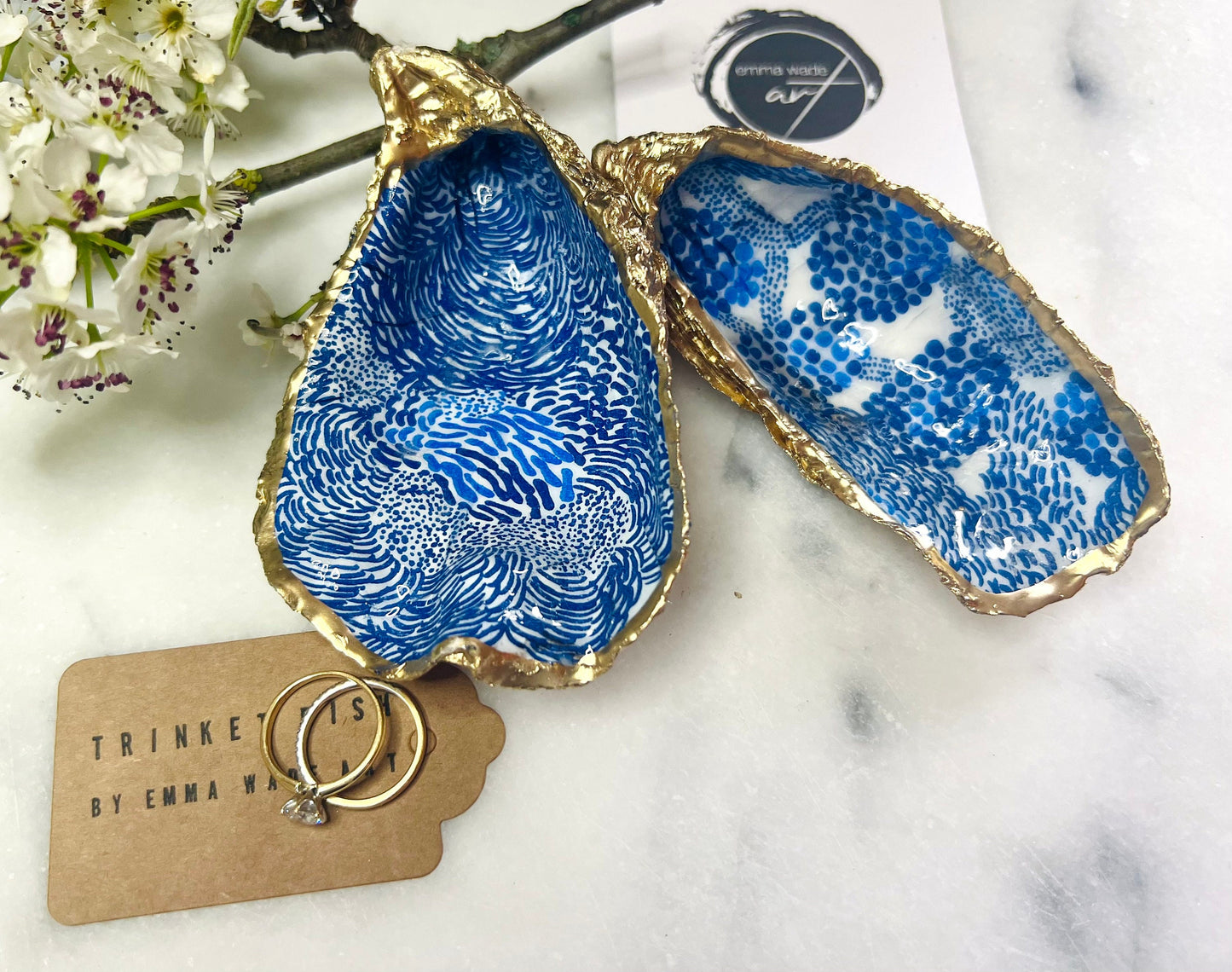 Blue Marimekko Oyster Shell Trinket Dish | Hand Gilded Gold Leaf Jewellery Holder | Scandinavian Coastal Decor