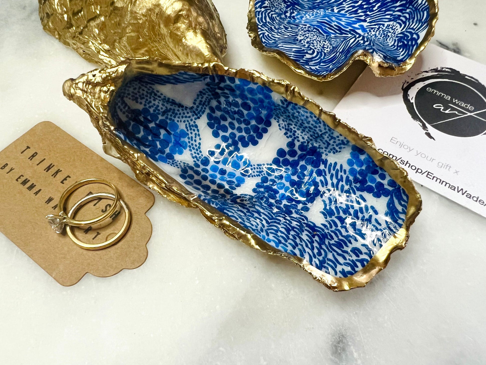Blue Marimekko Oyster Shell Trinket Dish | Hand Gilded Gold Leaf Jewellery Holder | Scandinavian Coastal Decor