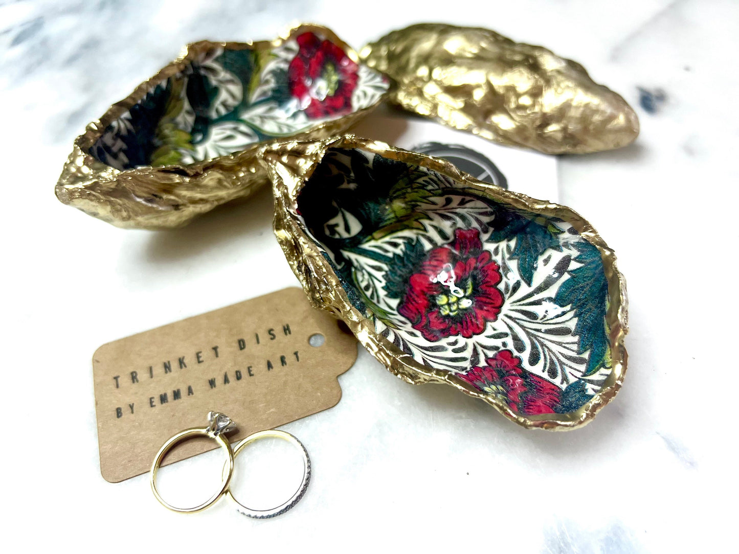 William Morris Red Peony Oyster Shell Trinket Dish: Gilded Gold Leaf Jewelry Dish, Heritage Gift, Coastal Decor